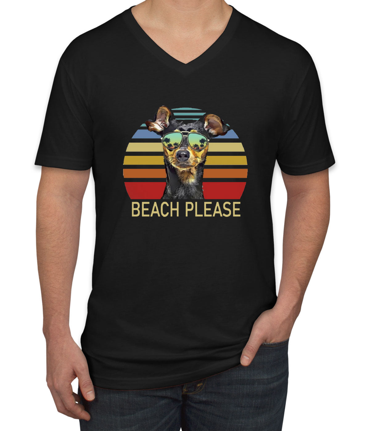 Beach Please Miniature Pinscher Dog Men's V Neck T-shirt