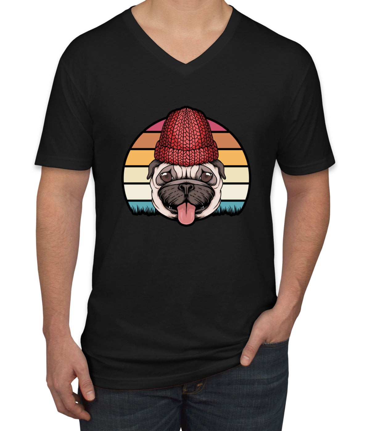 Retro Pug Dog Vintage Men's V Neck T-shirt