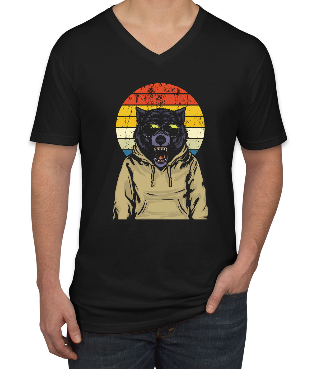 Wolf Retro Sunset Men's V Neck T-shirt