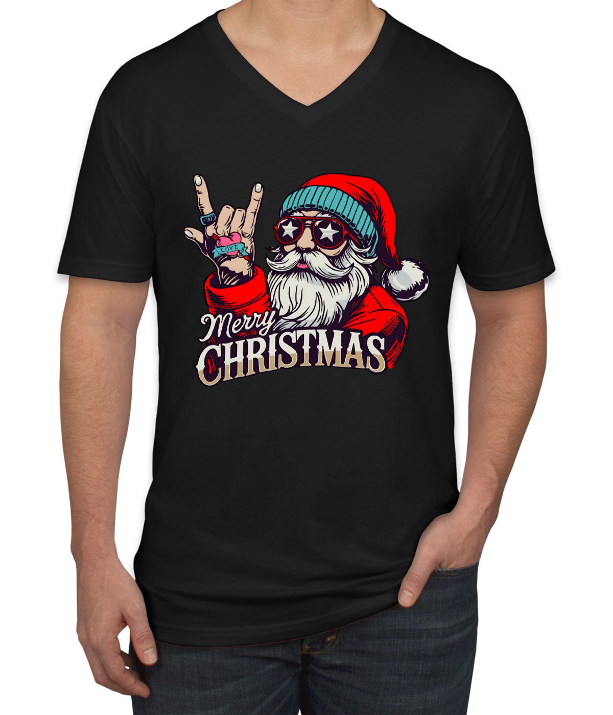 Rock Santa Claus Christmas Men's V Neck T-shirt