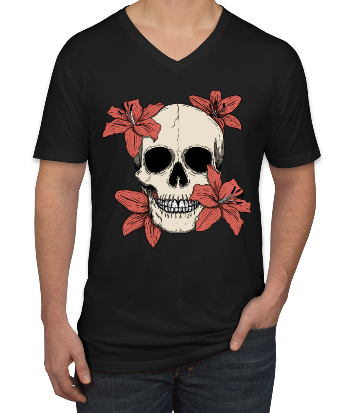 Skull With Flowers Men's V Neck T-shirt