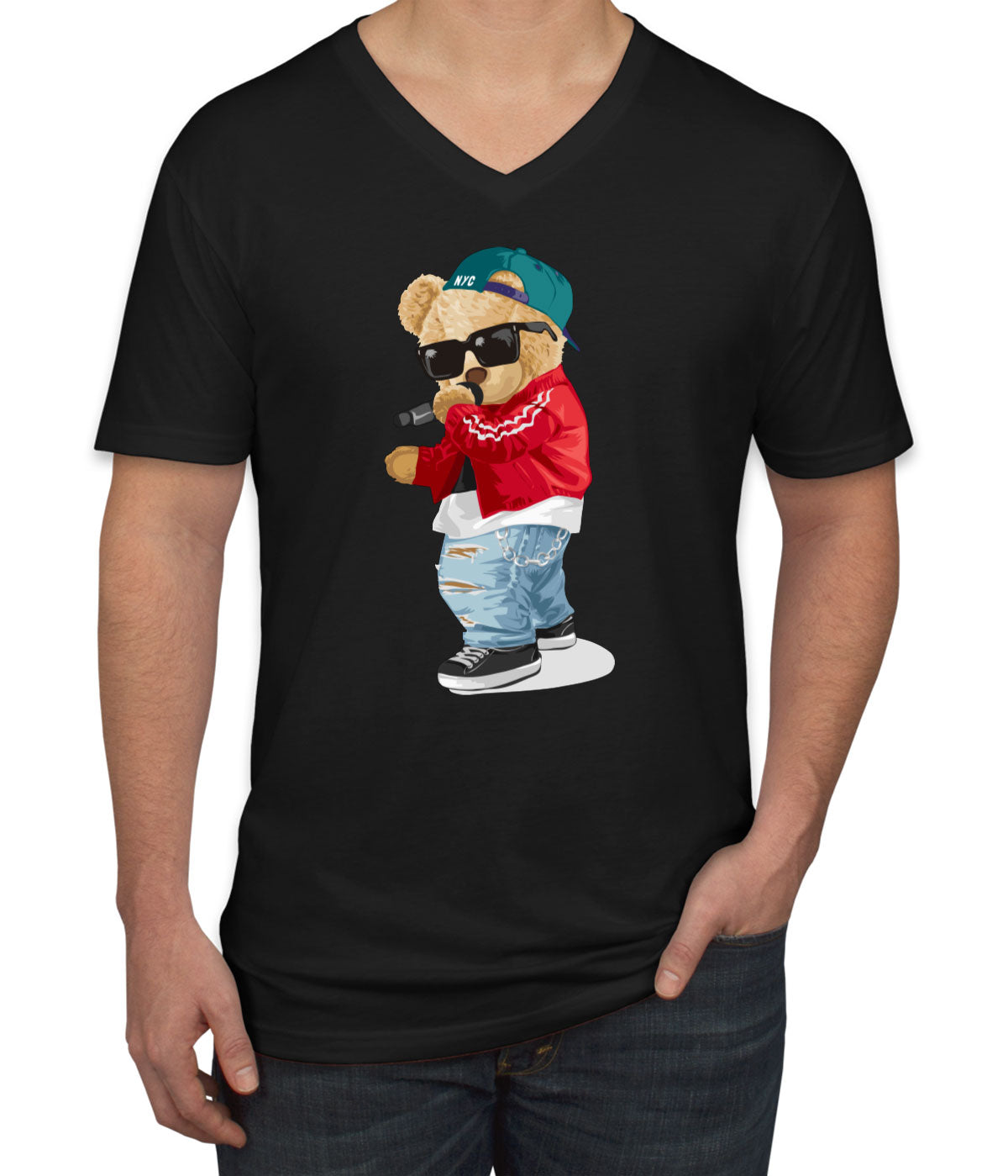 Teddy Bear Rapper Men's V Neck T-shirt