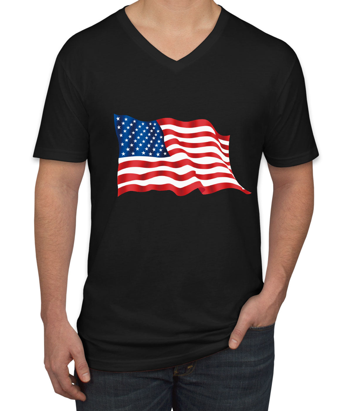 Waving American Flag Patriotic Men's V Neck T-shirt