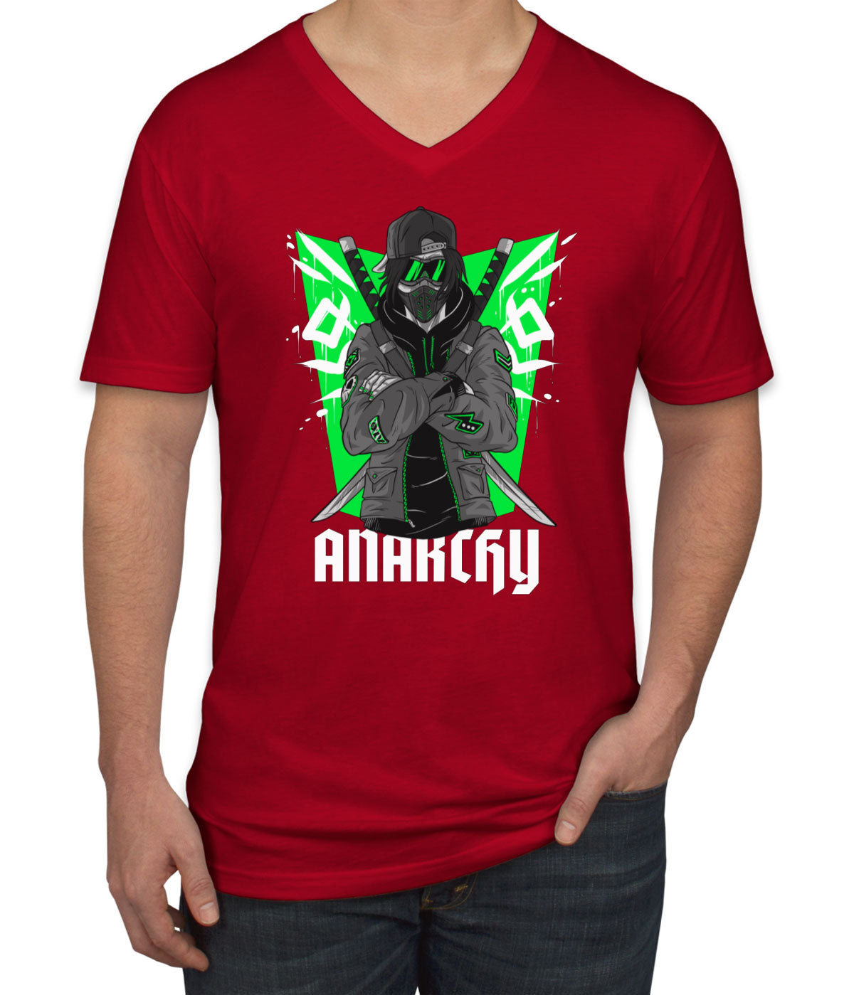 Anarchy Anarchist Ninja Samurai Warrior Anime Men's V Neck T-shirt