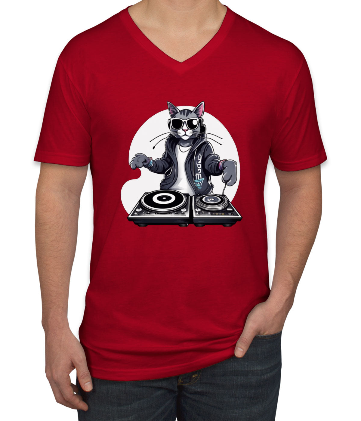 Cool Dj Cat Men's V Neck T-shirt