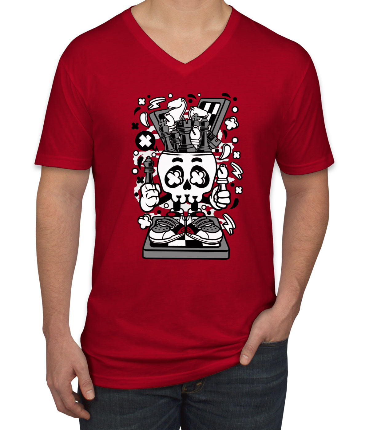 Chess Skull Head Men's V Neck T-shirt