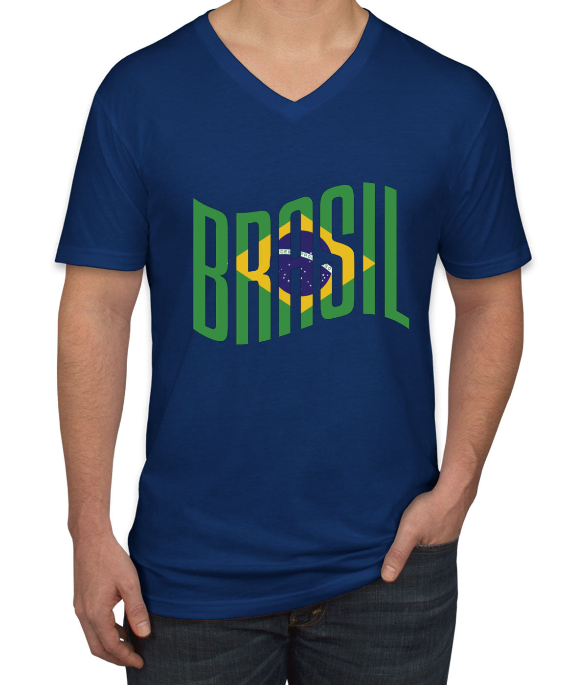 Brasil Typography With Brazil Flag Men's V Neck T-shirt