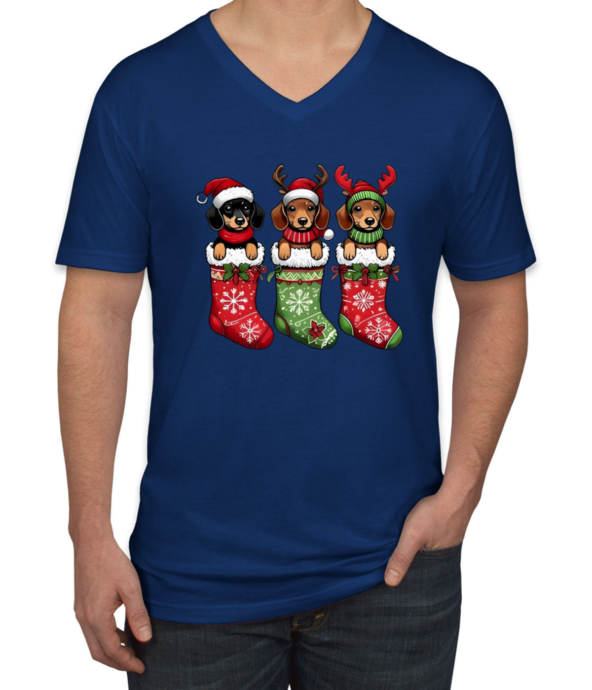 Dogs In Christmas Stockings Men's V Neck T-shirt