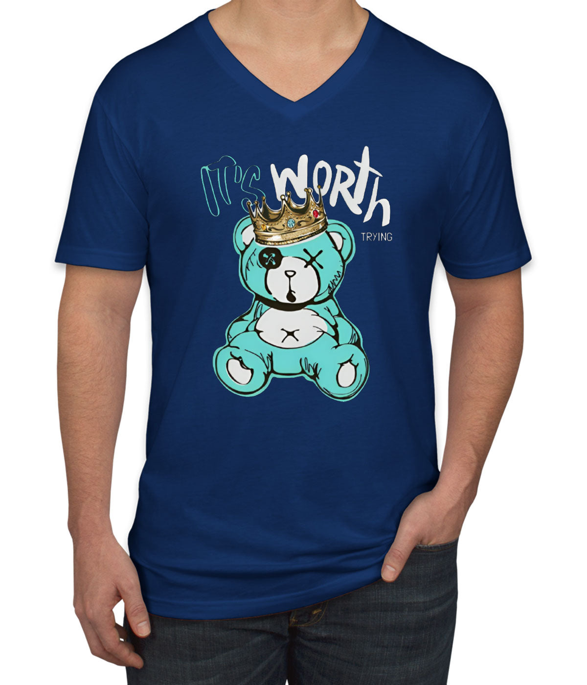 It's Worth Trying Teddy Bear Men's V Neck T-shirt