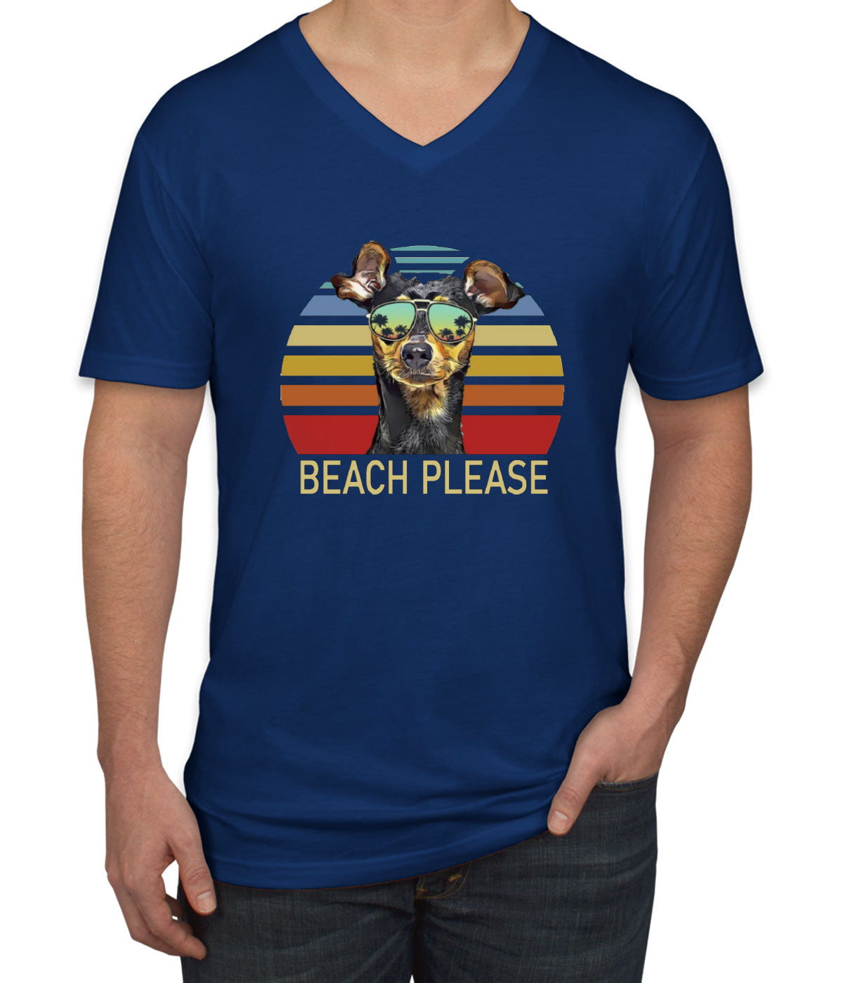 Beach Please Miniature Pinscher Dog Men's V Neck T-shirt