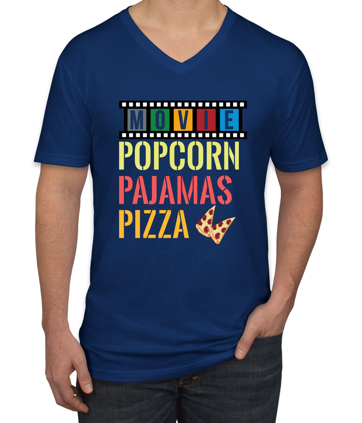 Movie Popcorn Pajamas Pizza  Men's V Neck T-shirt