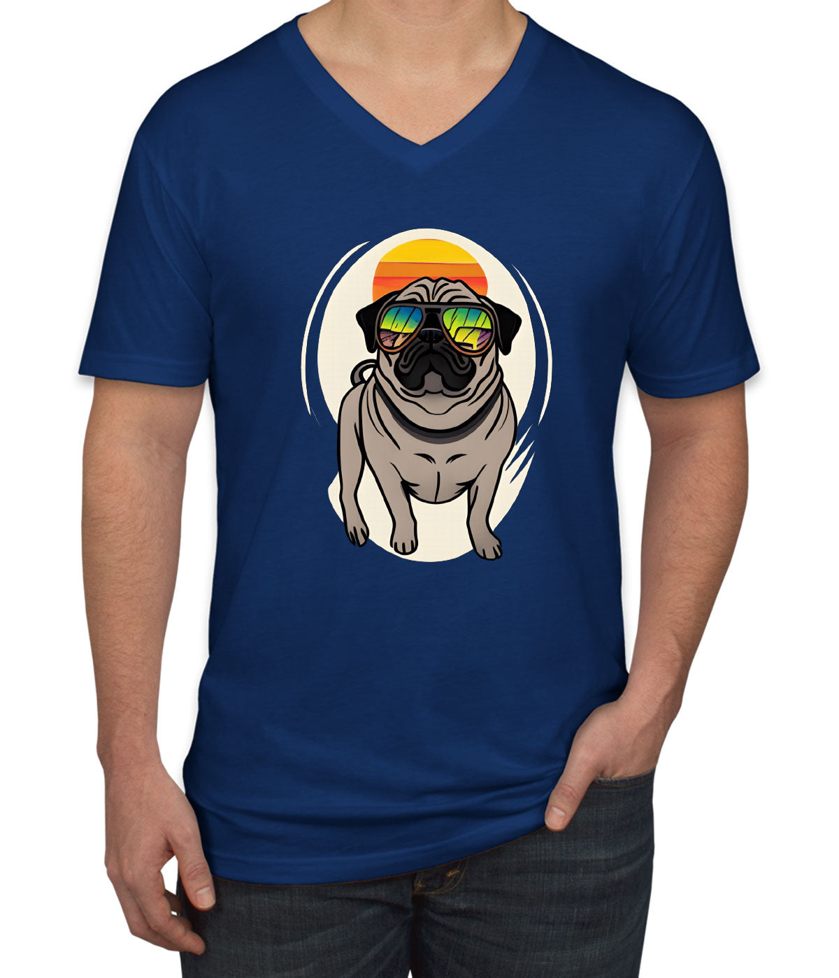 Pug Dog With Sunglasses Men's V Neck T-shirt