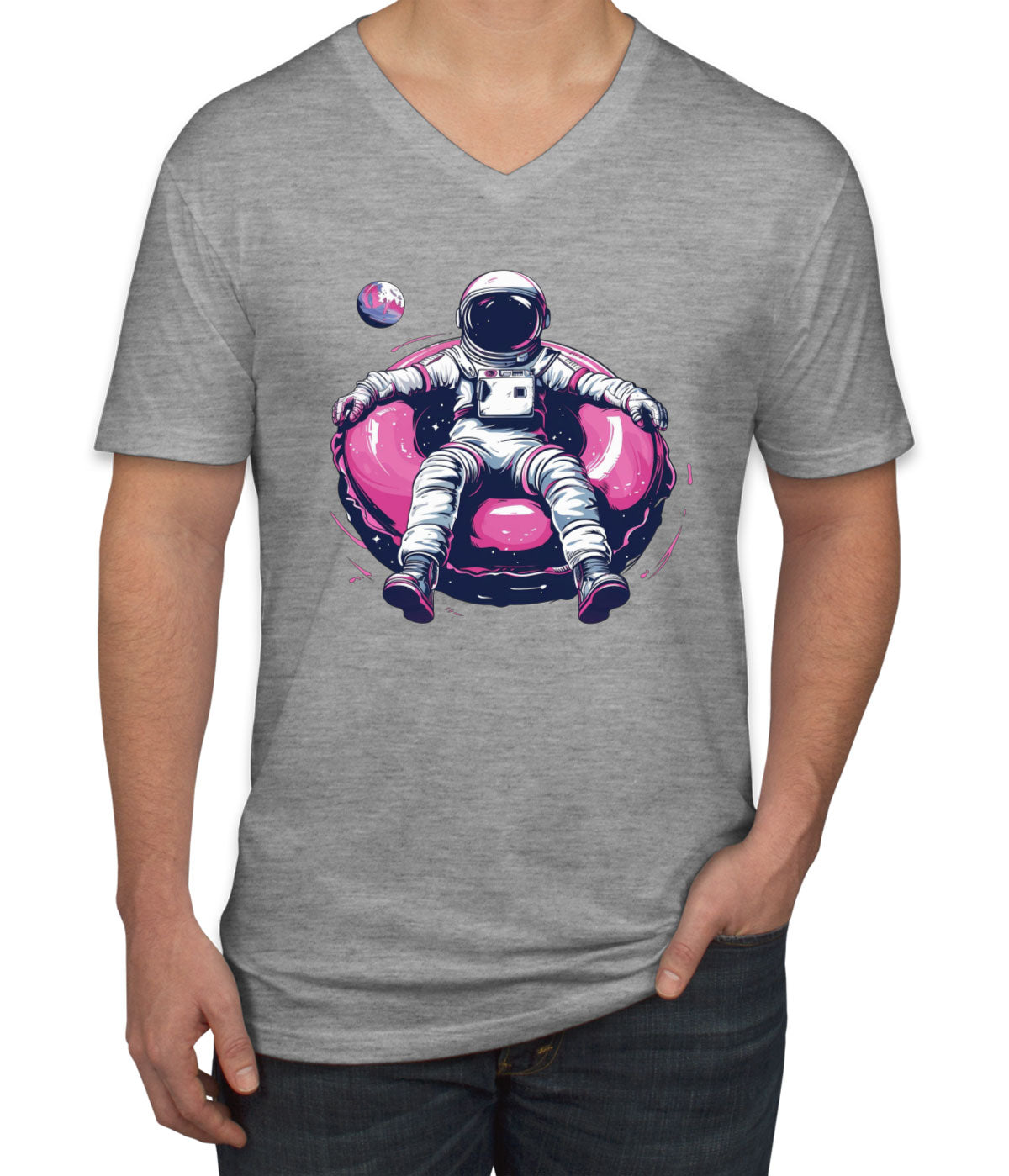 Astronaut On A Pink Float Men's V Neck T-shirt