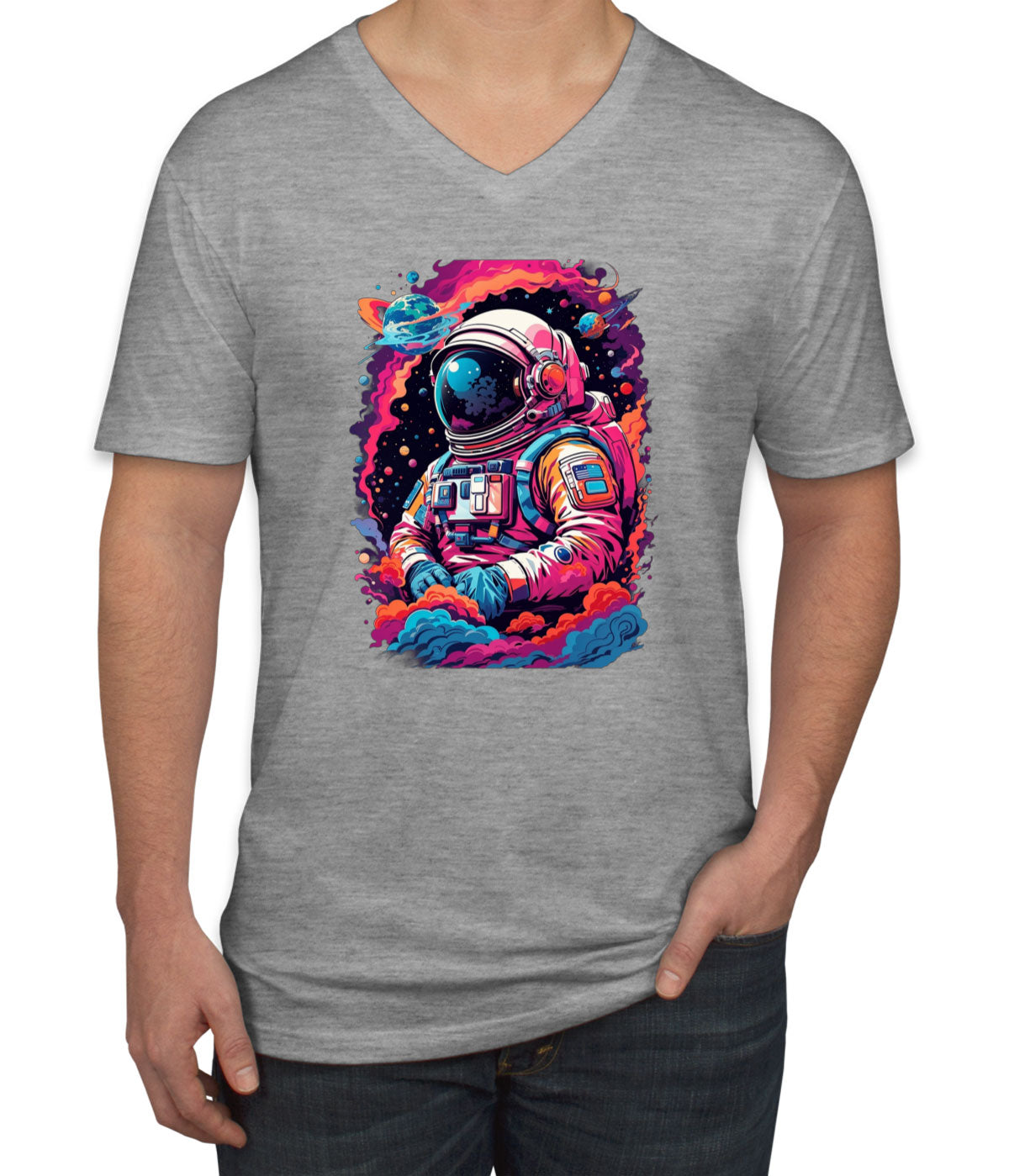 Illustration Colorful Astronaut in the Galaxy Men's V Neck T-shirt