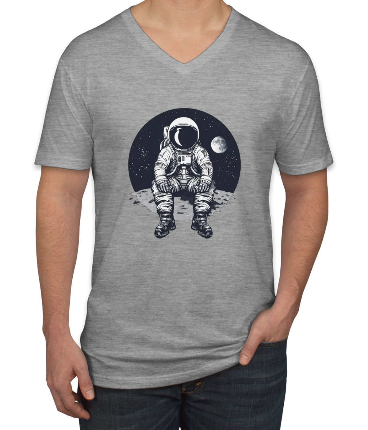 Astronaut Sitting On Moon Men's V Neck T-shirt