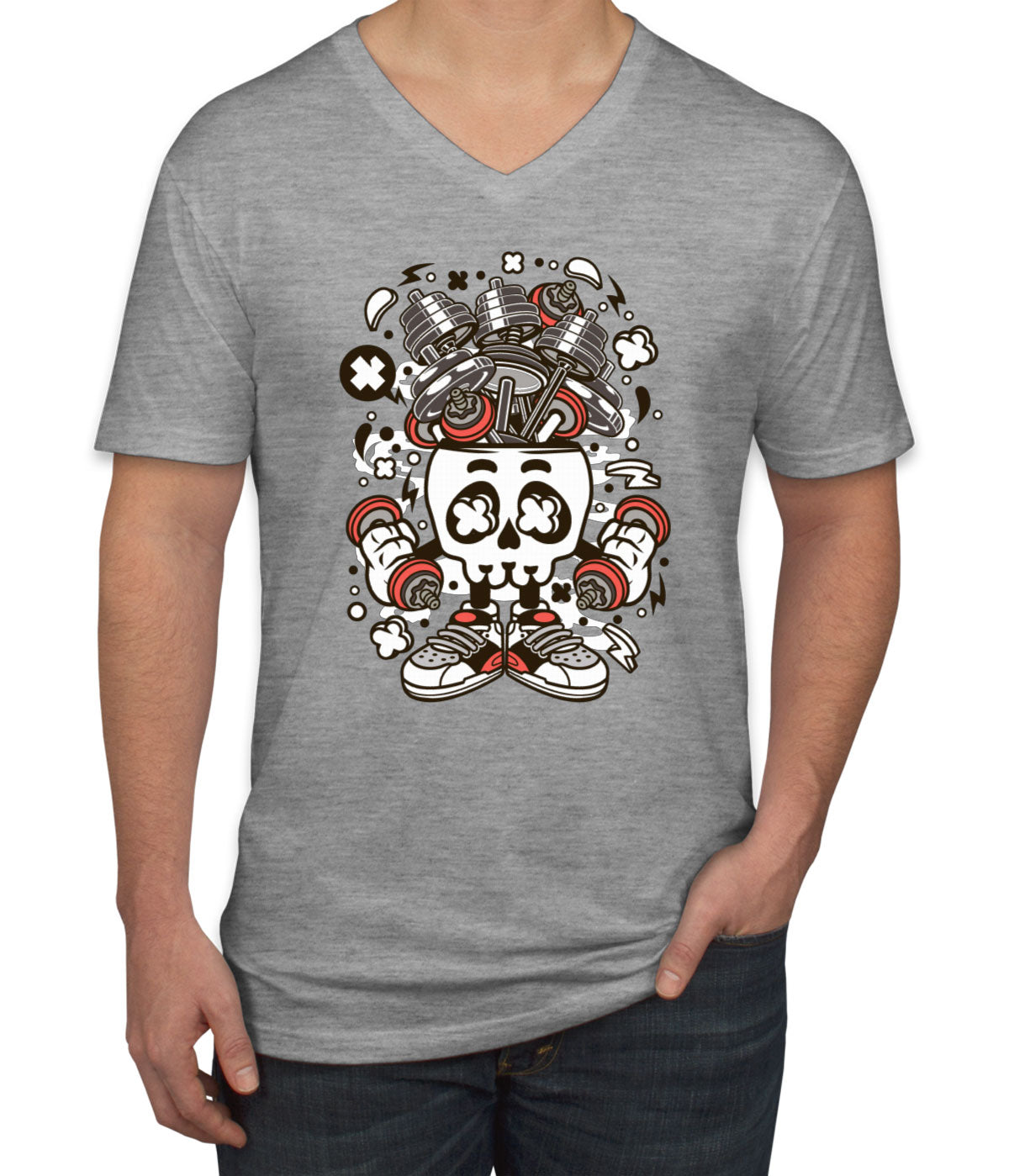 Barbell Skull Head Men's V Neck T-shirt