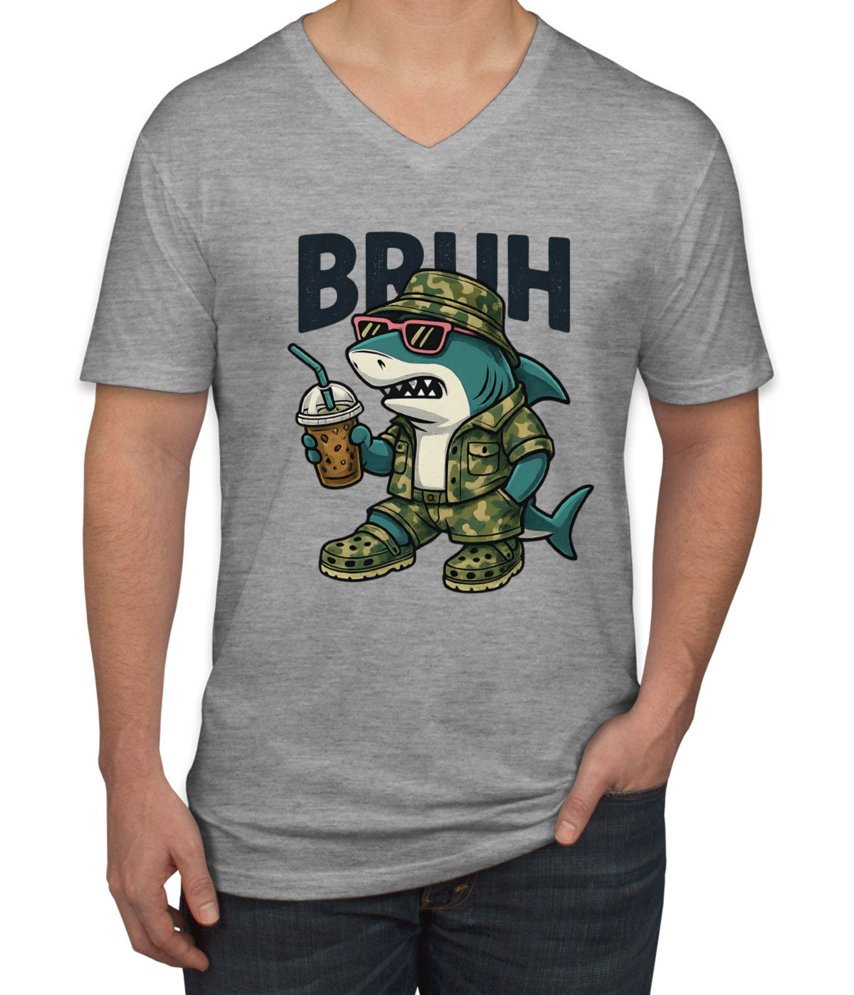Camo Shark Bruh Hunting Men's V Neck T-shirt