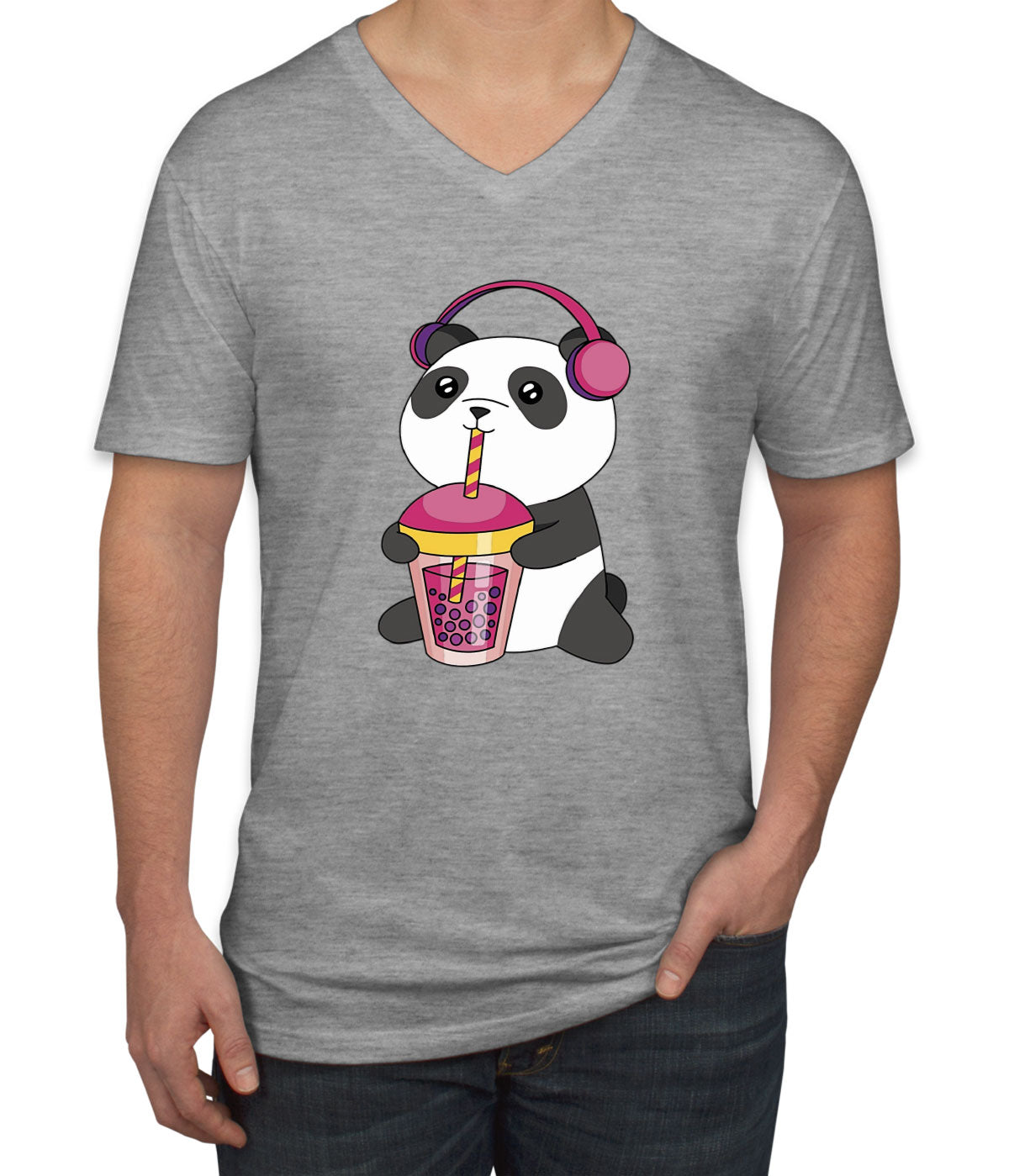 Panda Drinking Bubble Tea Men's V Neck T-shirt