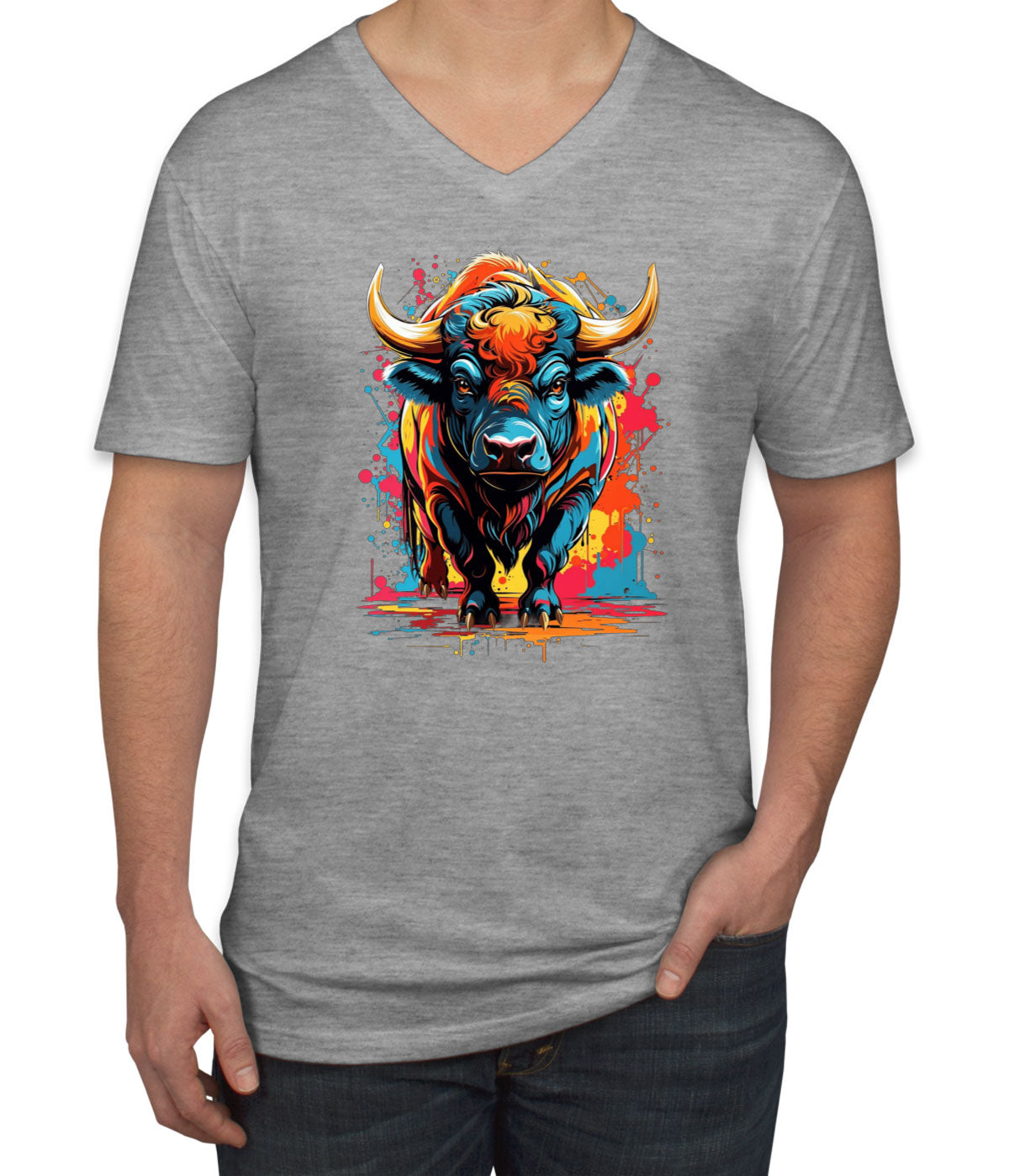 Illustration Colorful Bull Men's V Neck T-shirt