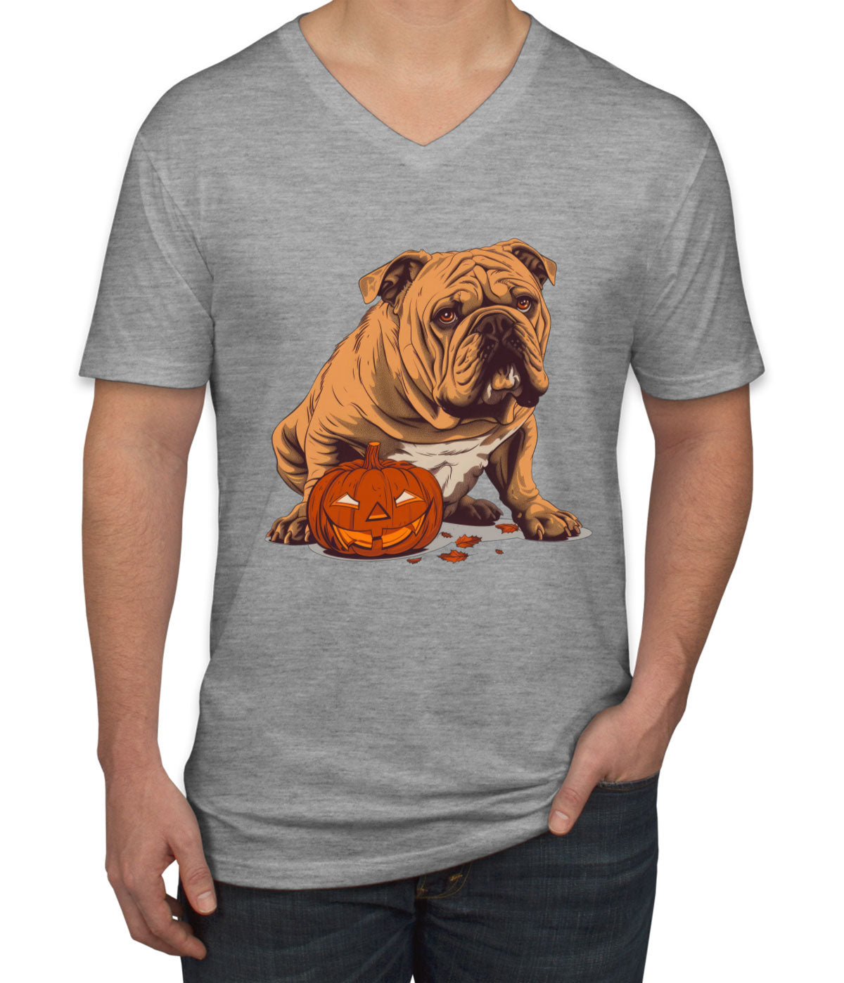 Bulldog With Halloween Pumpkin Men's V Neck T-shirt