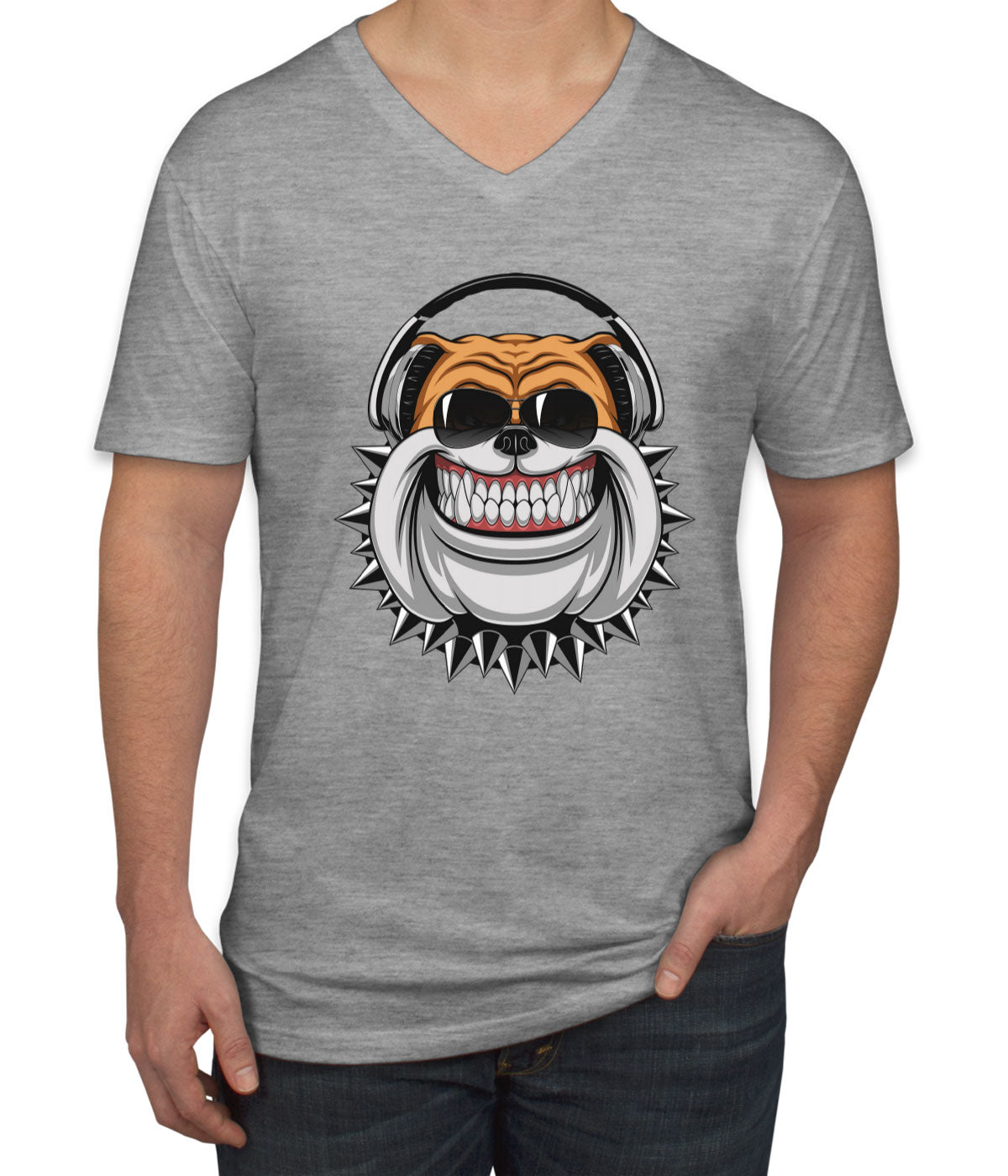 Bulldog With Headphone Cartoon Men's V Neck T-shirt