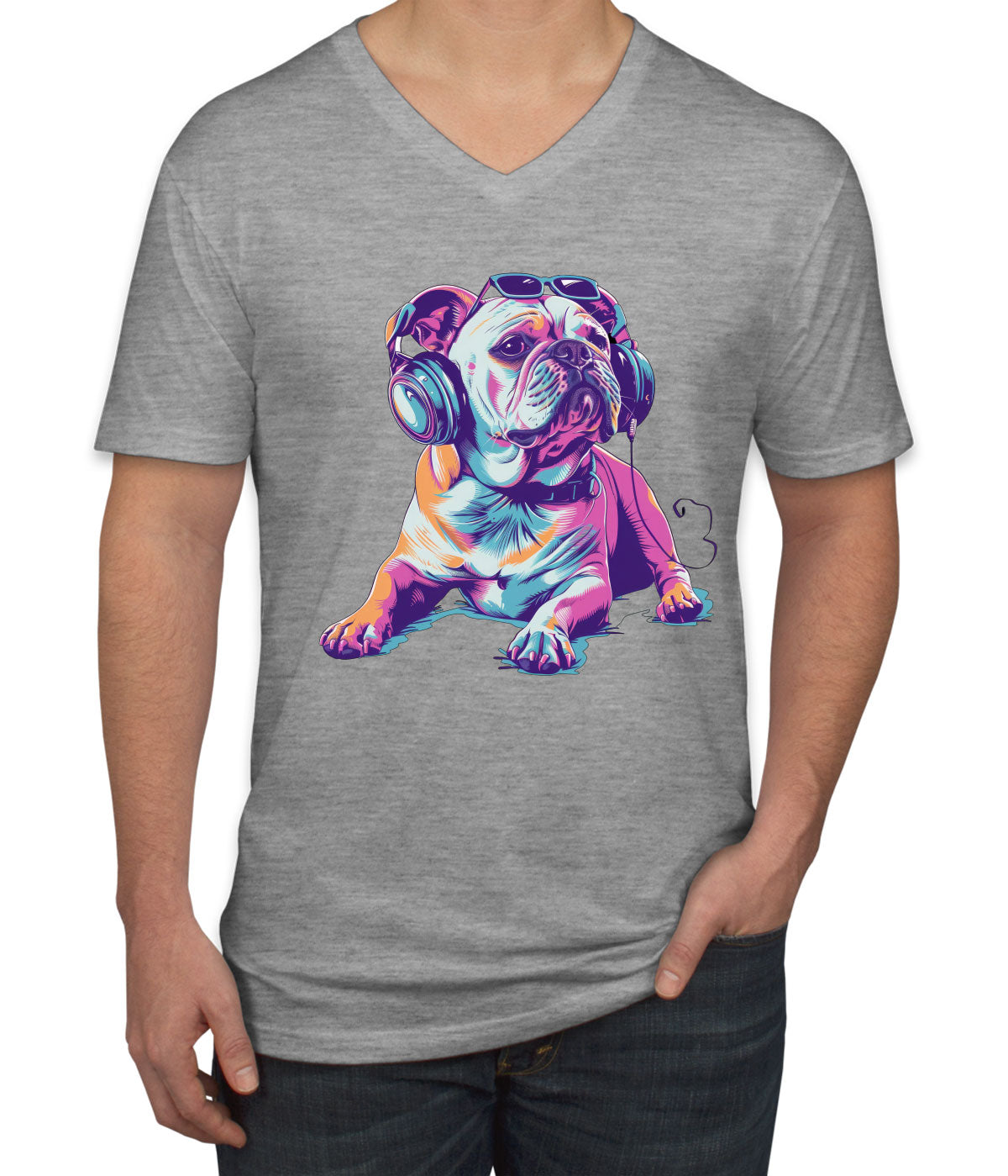 Bulldog With Headphone And Sunglasses Men's V Neck T-shirt