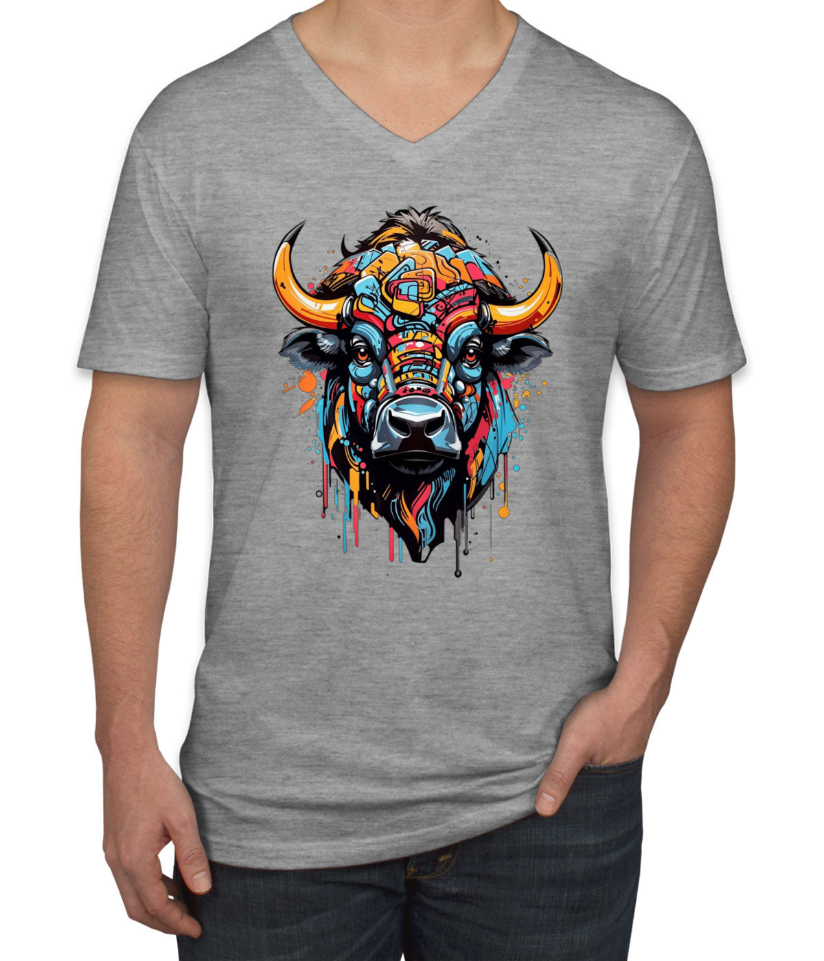 Illustration Colorful Bull head Men's V Neck T-shirt