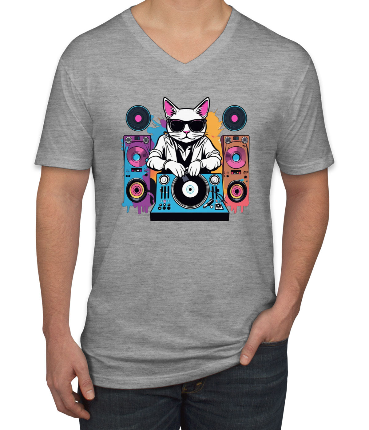 Cool Dj Cat Men's V Neck T-shirt