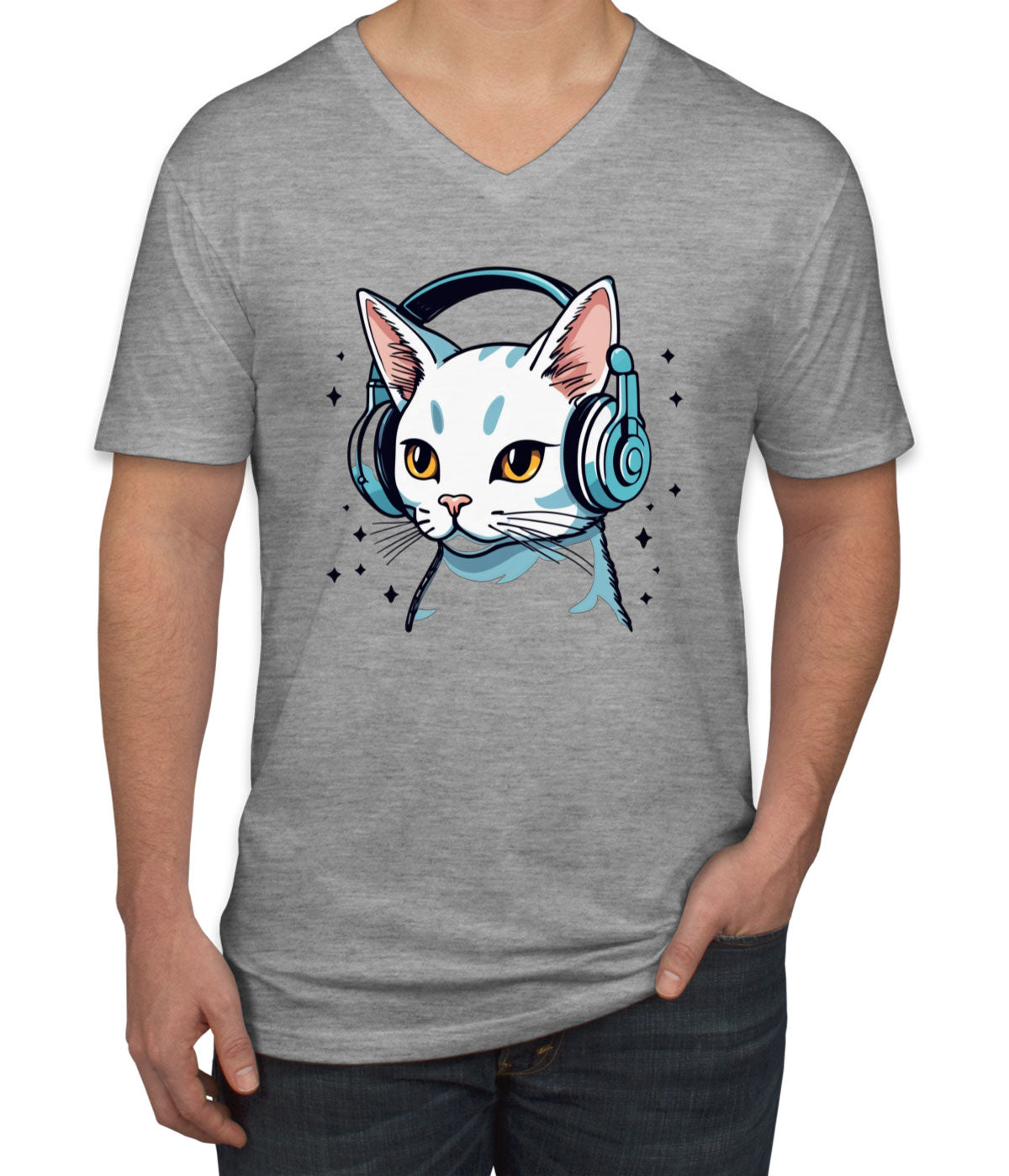 Cool Cat With Headphone Men's V Neck T-shirt