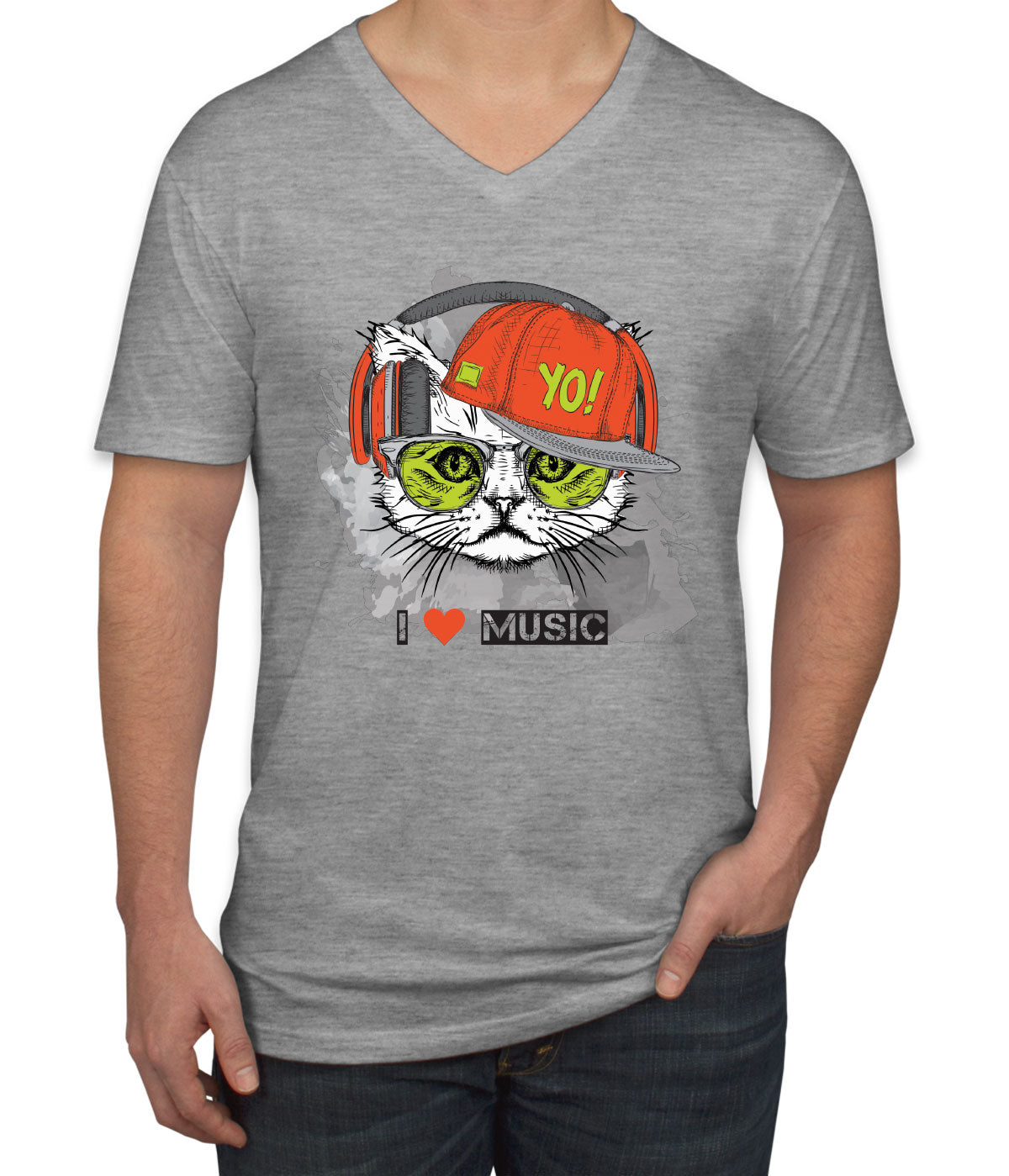 I Love Music Cat With Headphones Men's V Neck T-shirt