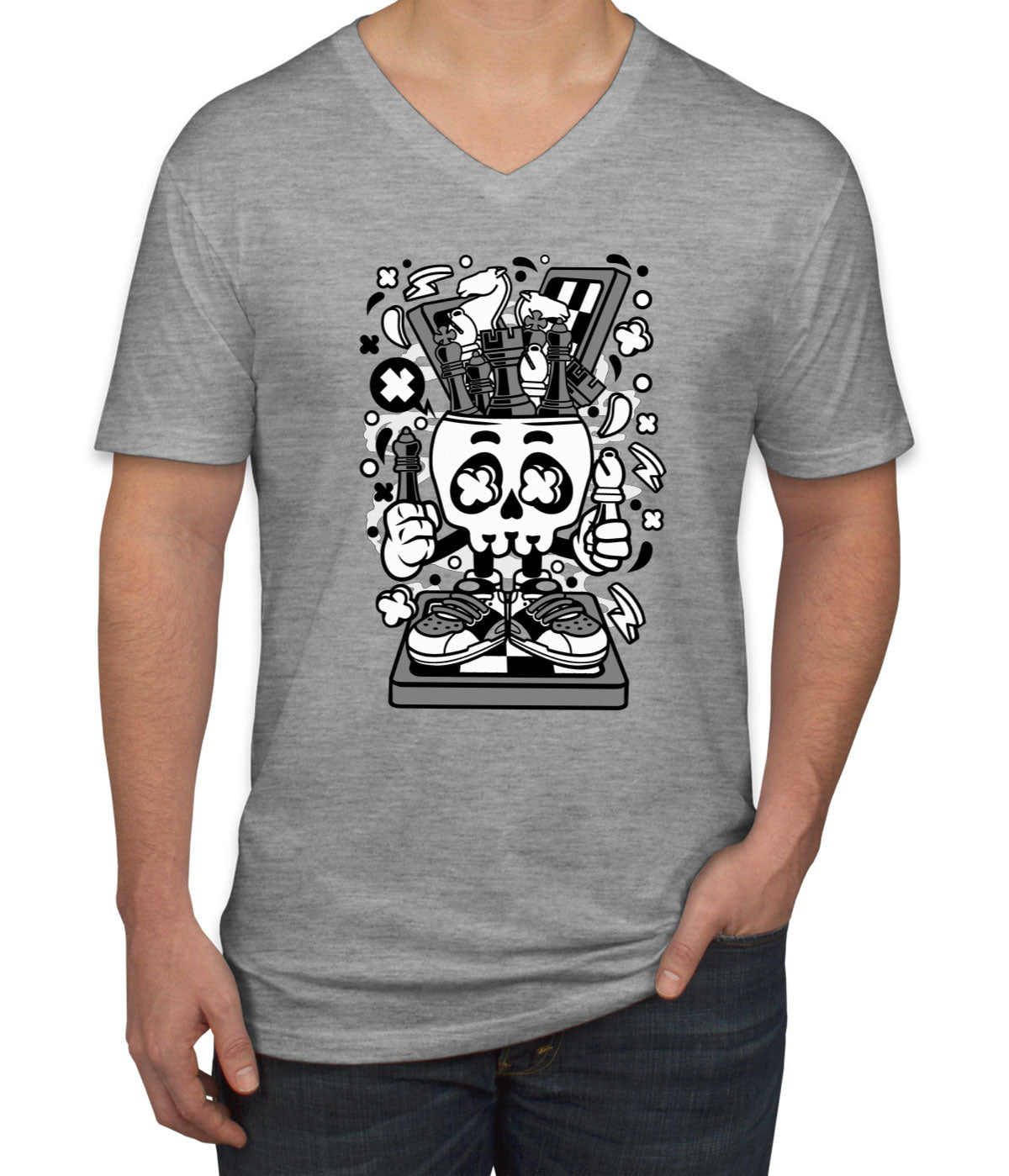 Chess Skull Head Men's V Neck T-shirt