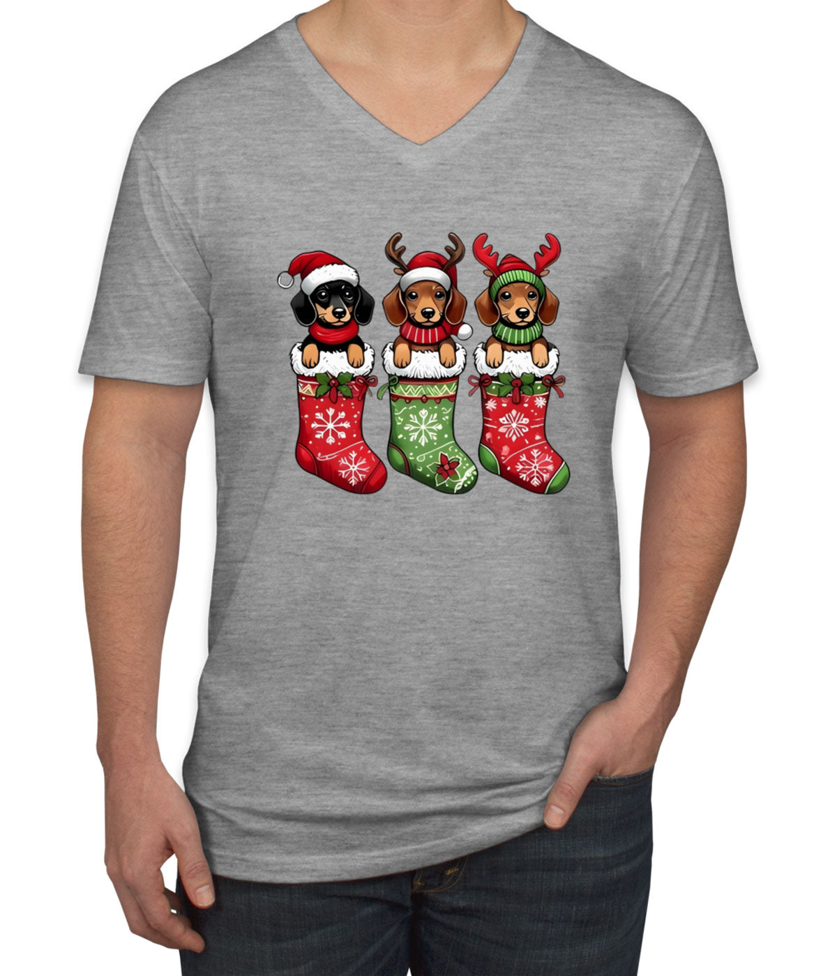 Dogs In Christmas Stockings Men's V Neck T-shirt