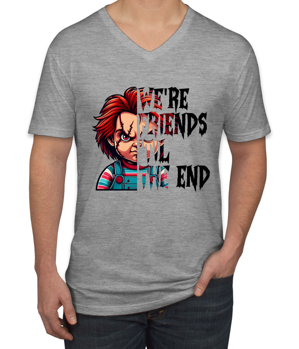 Chucky We're Friends 'Til The End Halloween Men's V Neck T-shirt