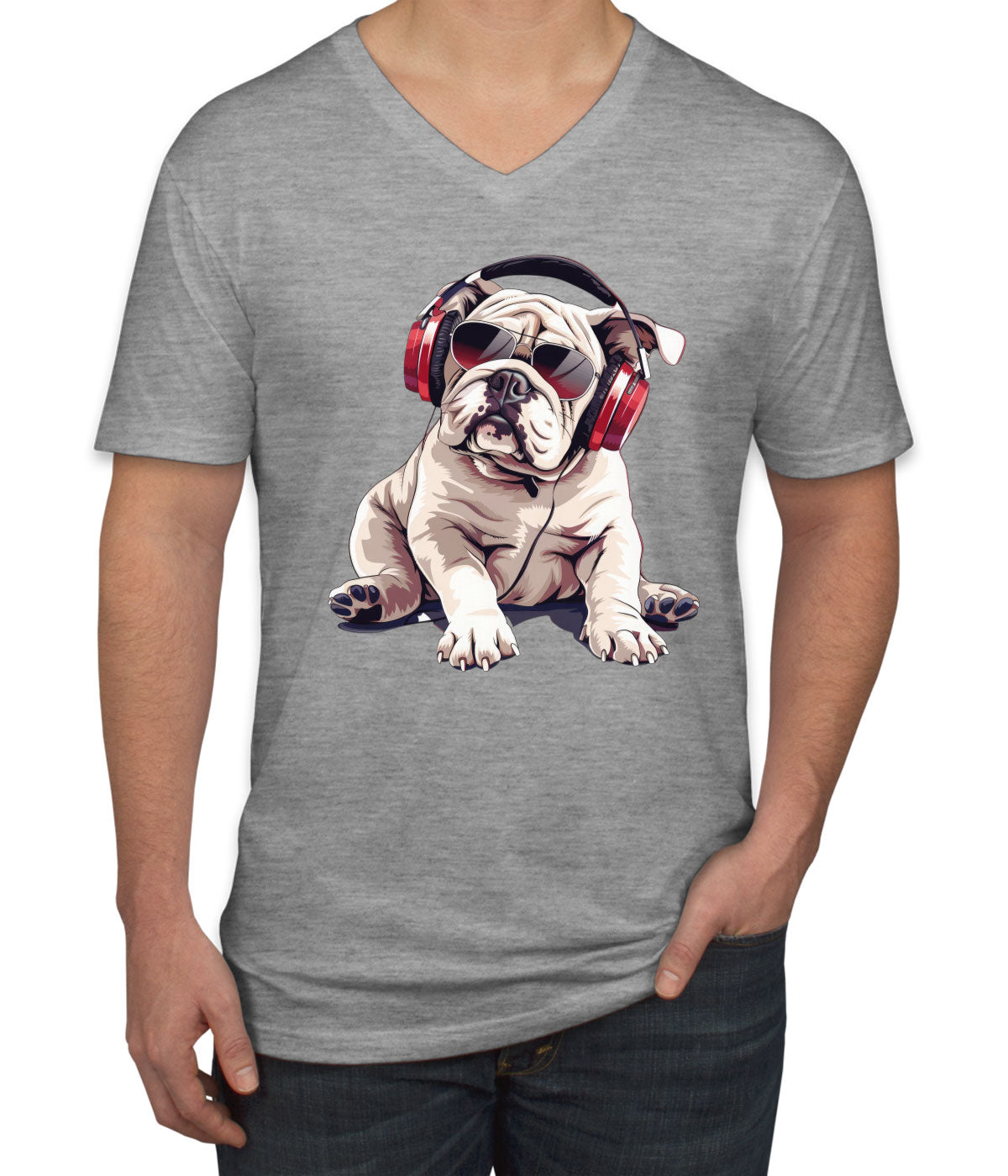 Cool Bulldog With Headphone And Sunglasses Men's V Neck T-shirt