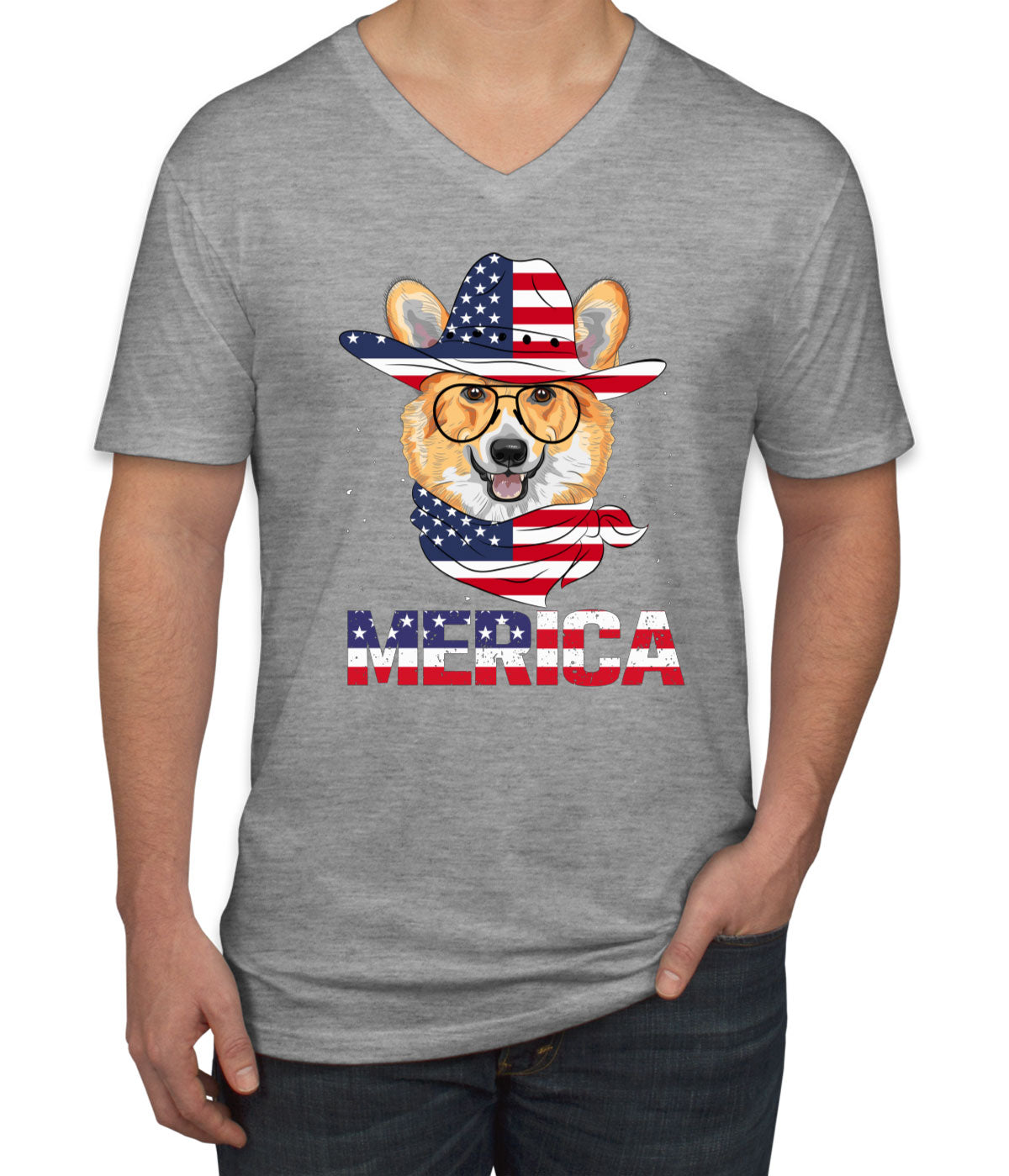 Corgi Merica Patriotic Men's V Neck T-shirt