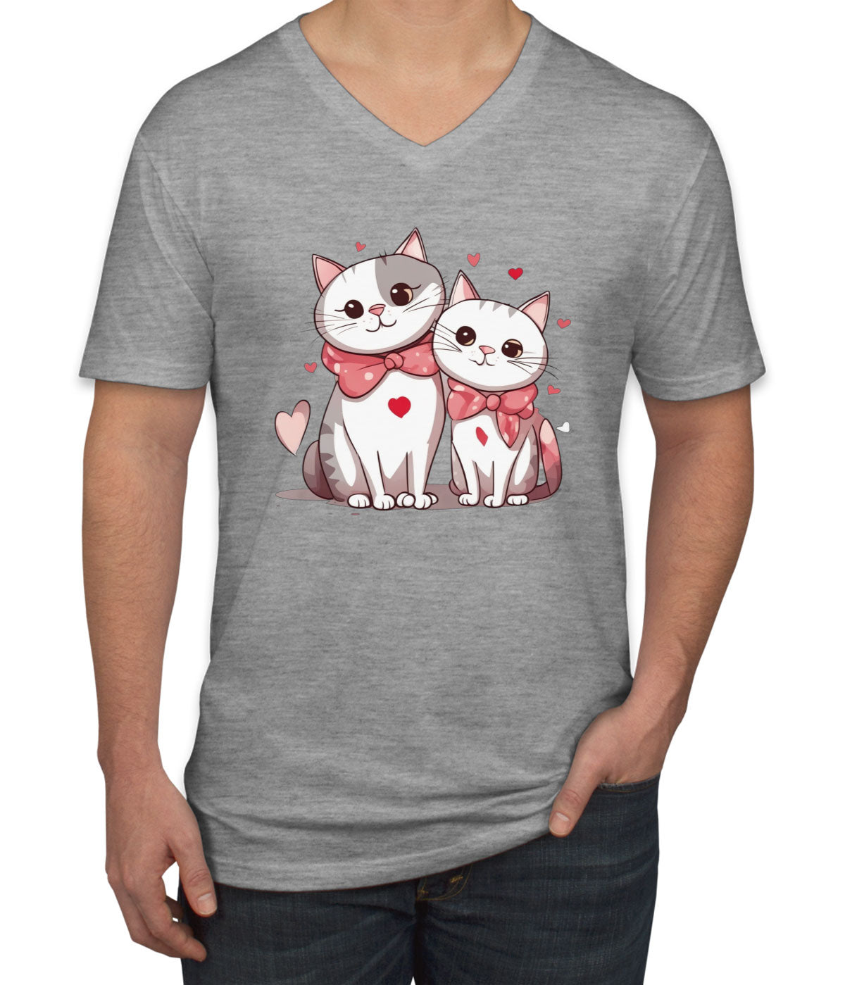 Cute Cat Couples Valentine's Day Men's V Neck T-shirt