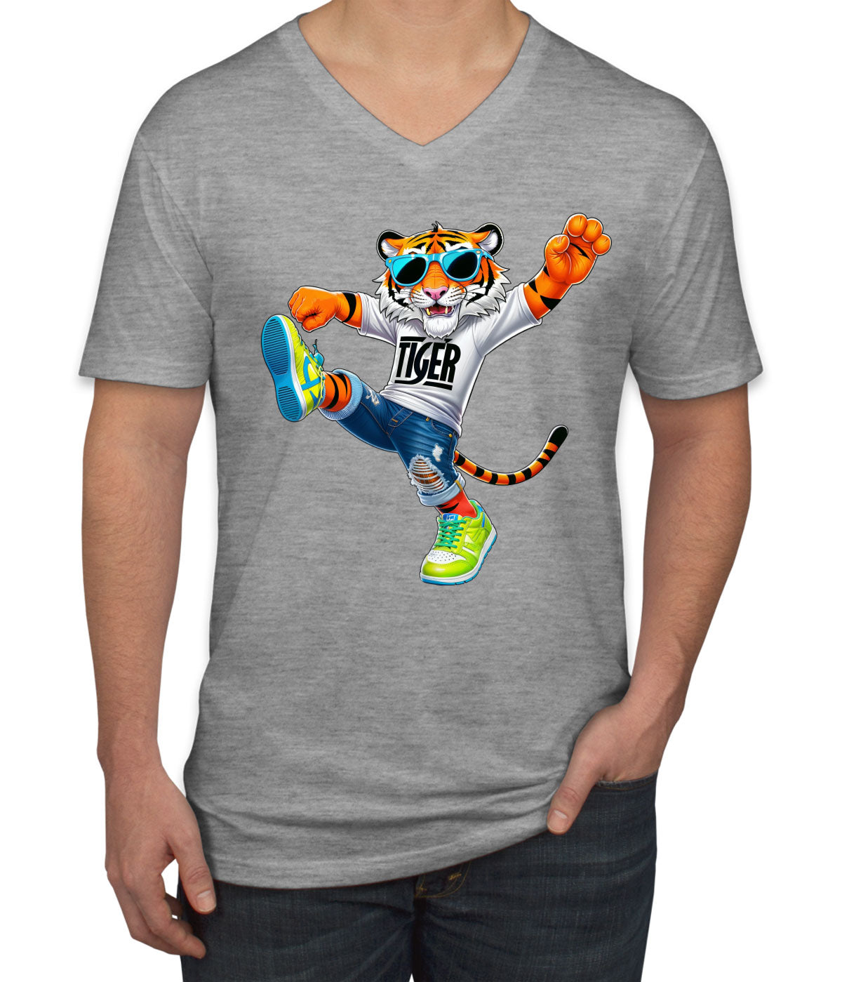 Dancing Tiger Men's V Neck T-shirt