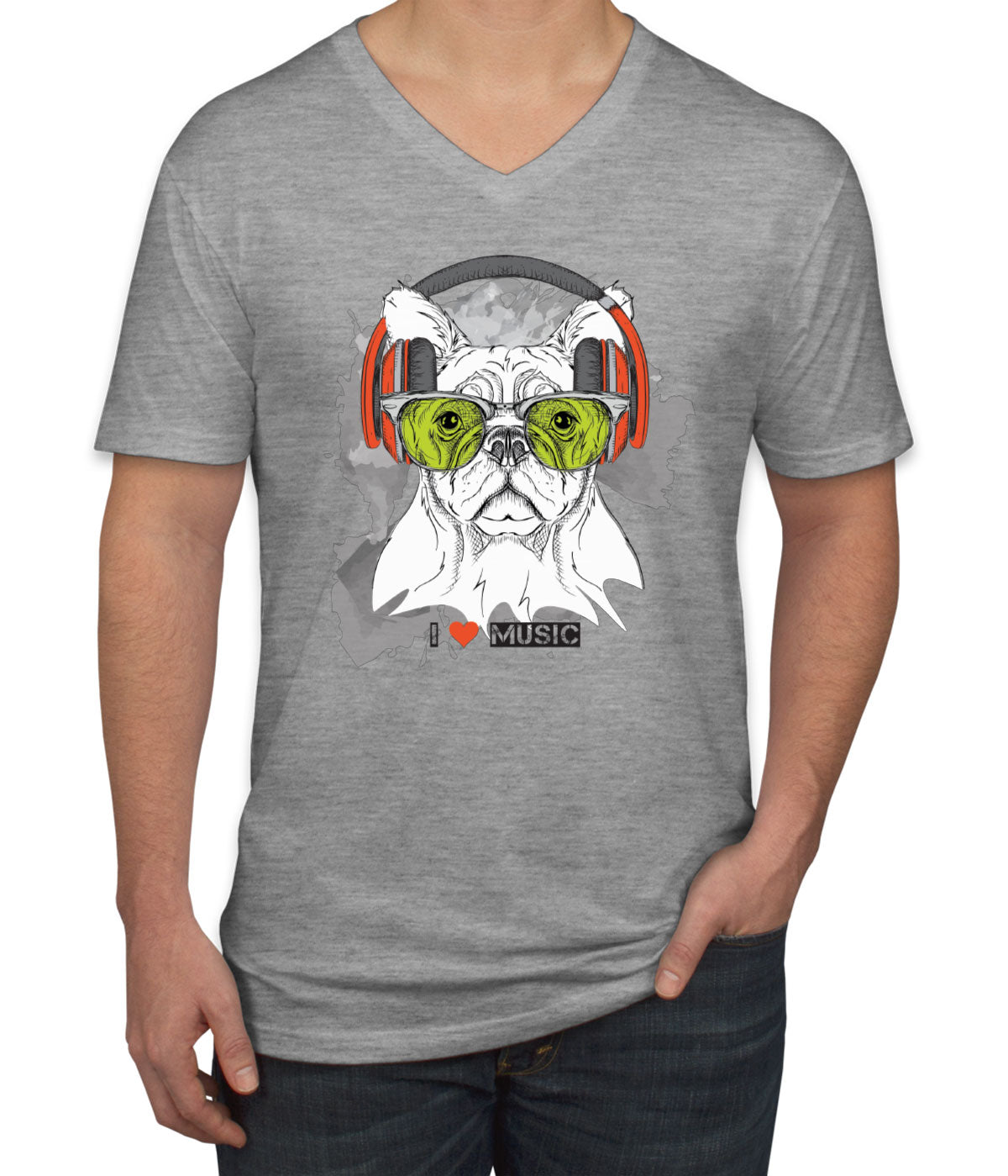 I Love Music Dog With Headphones Men's V Neck T-shirt