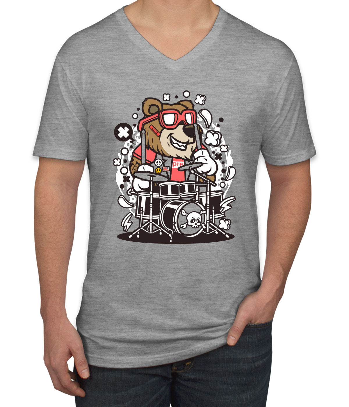 Cool Punk Rock Bear Drummer Men's V Neck T-shirt