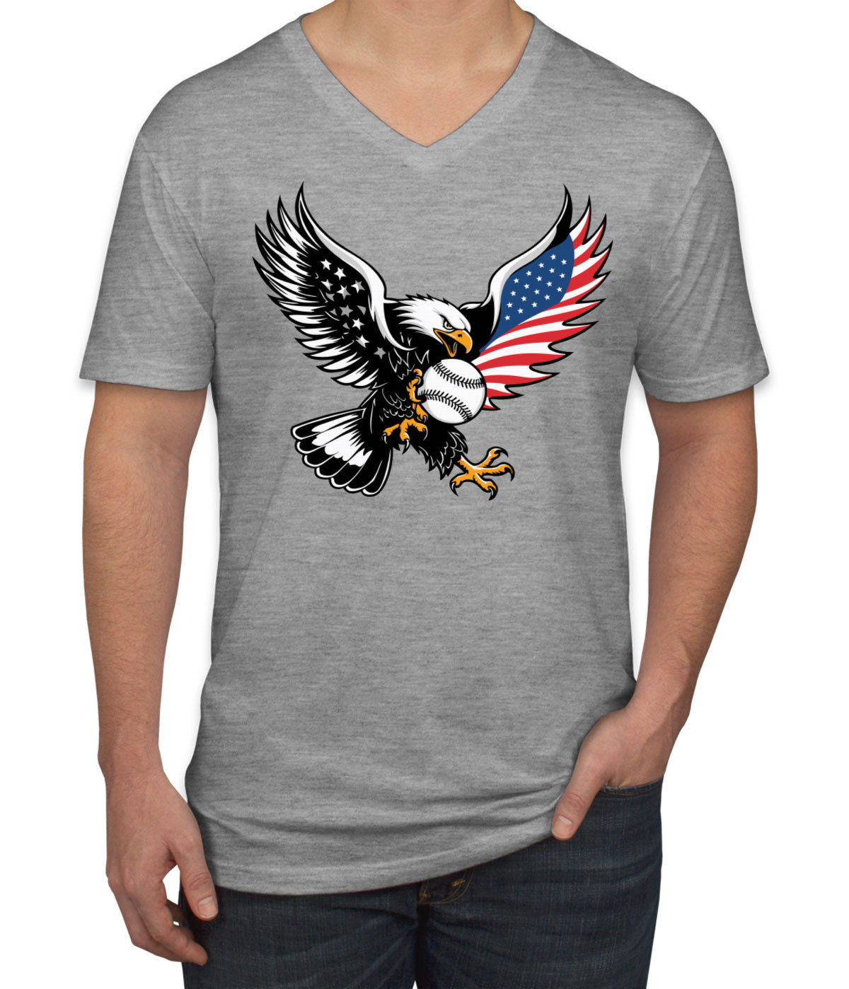 American Eagle Catching Baseball Men's V Neck T-shirt