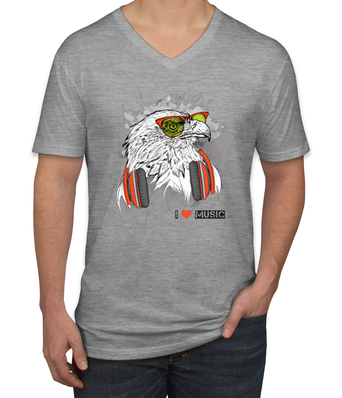 I Love Music Eagle With Headphones Men's V Neck T-shirt