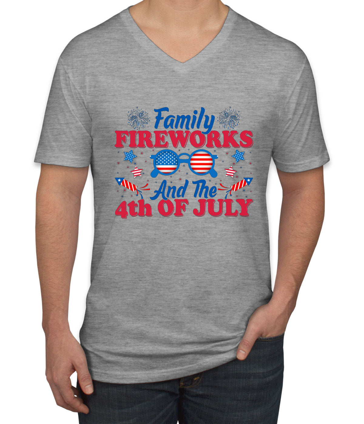 Family Fireworks And The 4th Of July Independence Day Patriotic Men's V Neck T-shirt