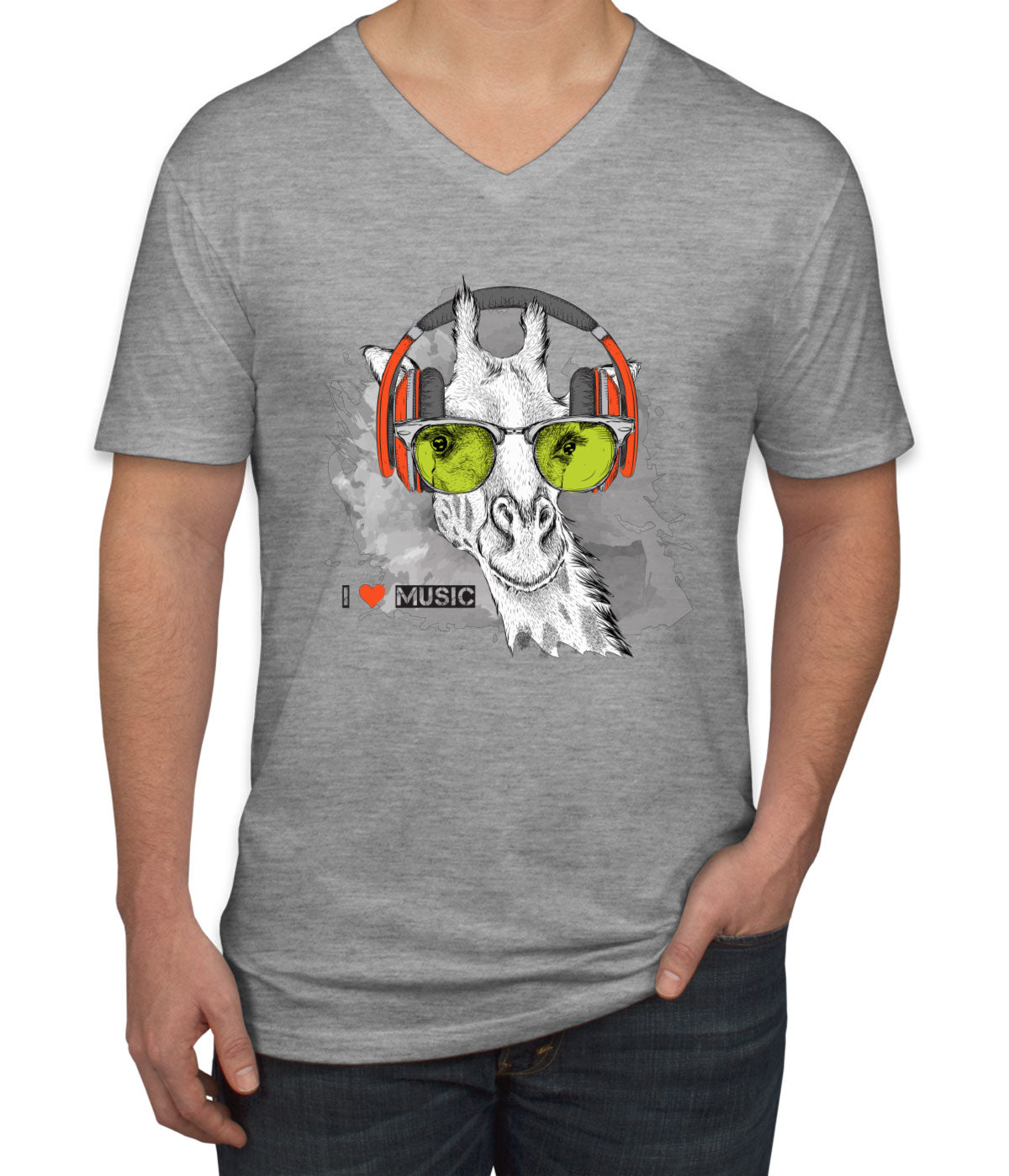 I Love Music Giraffe With Headphones Men's V Neck T-shirt