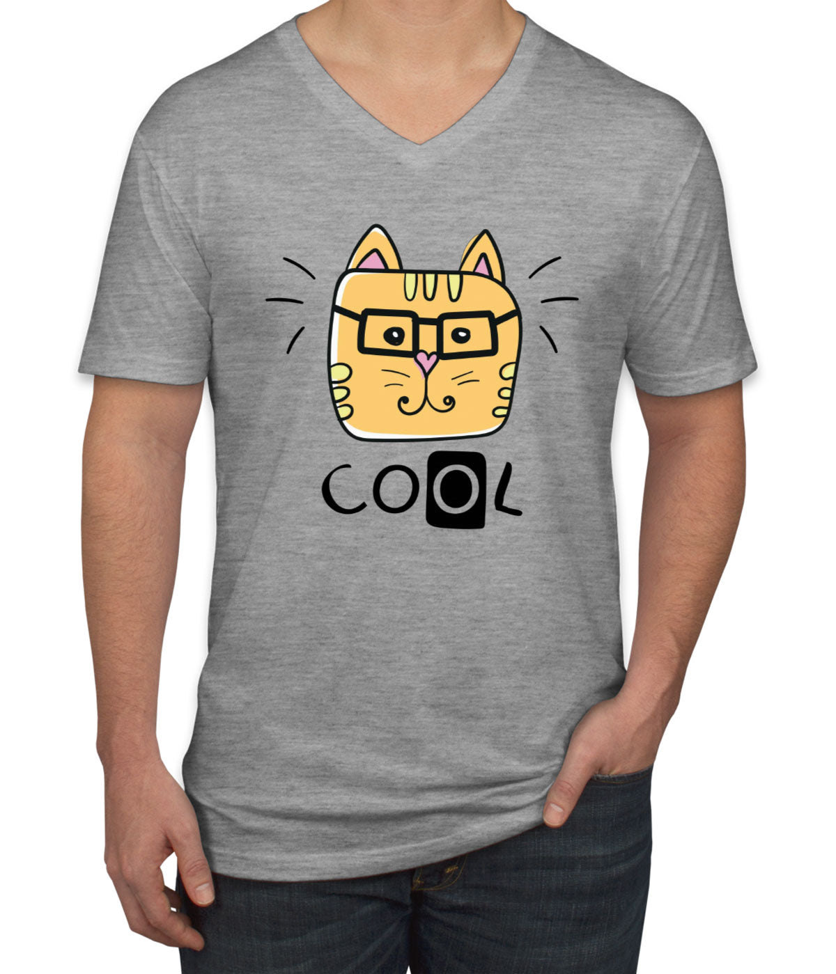 Handdrawing Cool Cat Men's V Neck T-shirt