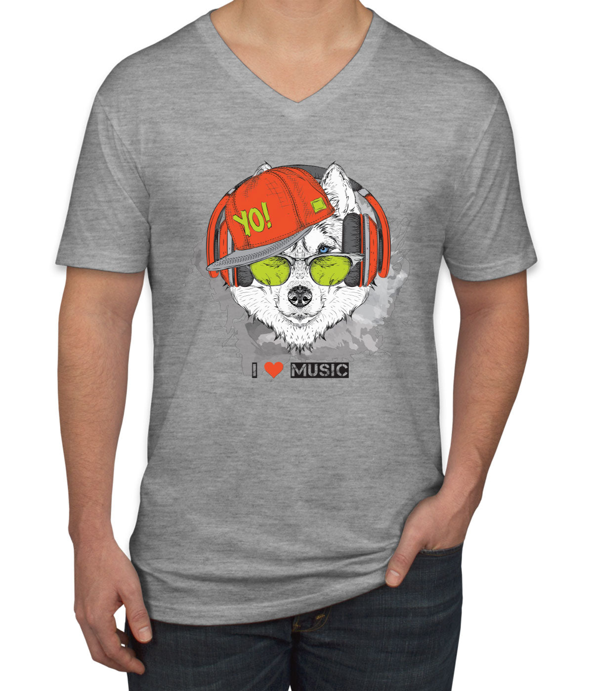 I Love Music Husky With Headphones Men's V Neck T-shirt