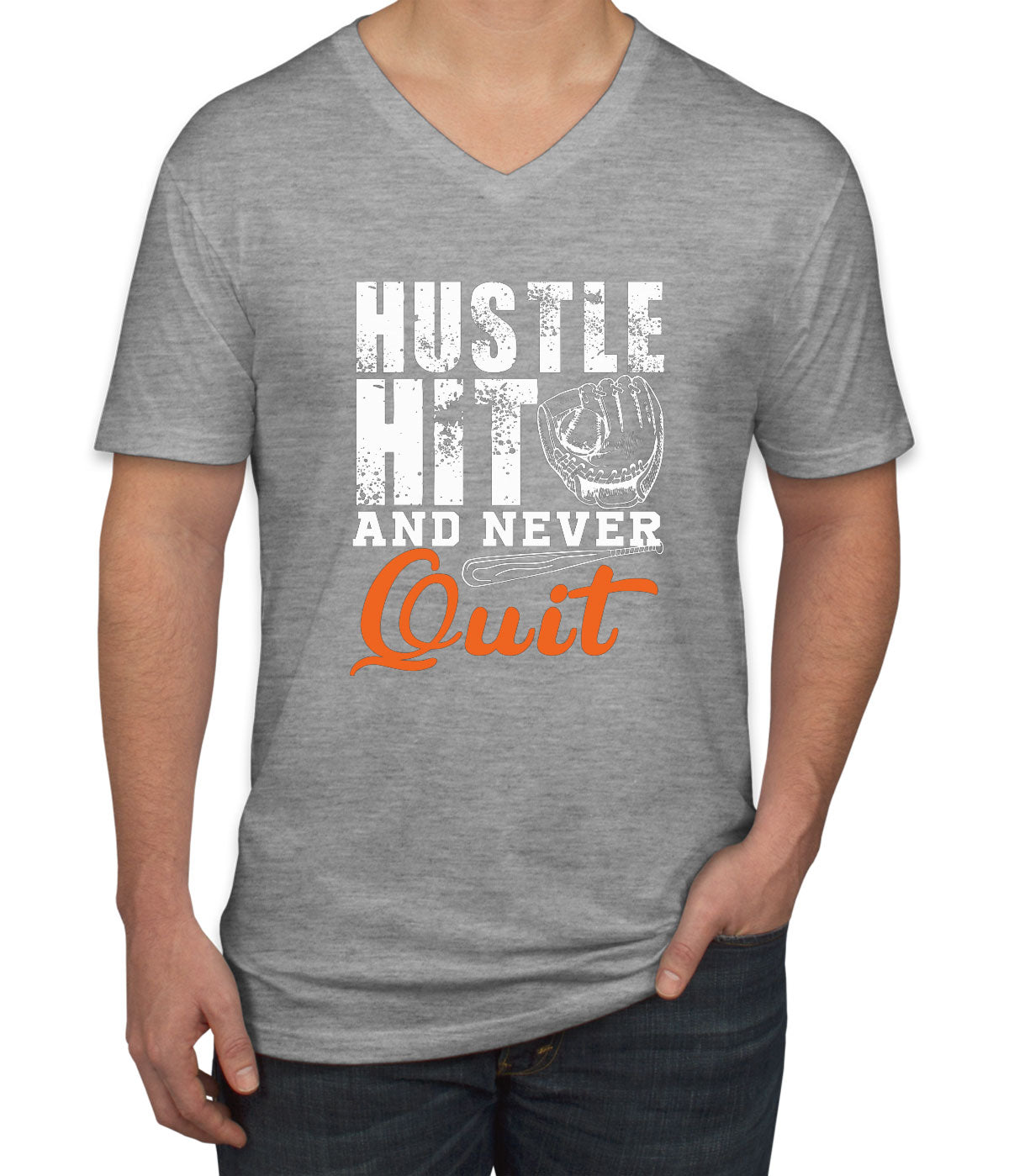 Hustle Hit And Never Quit Baseball Men's V Neck T-shirt