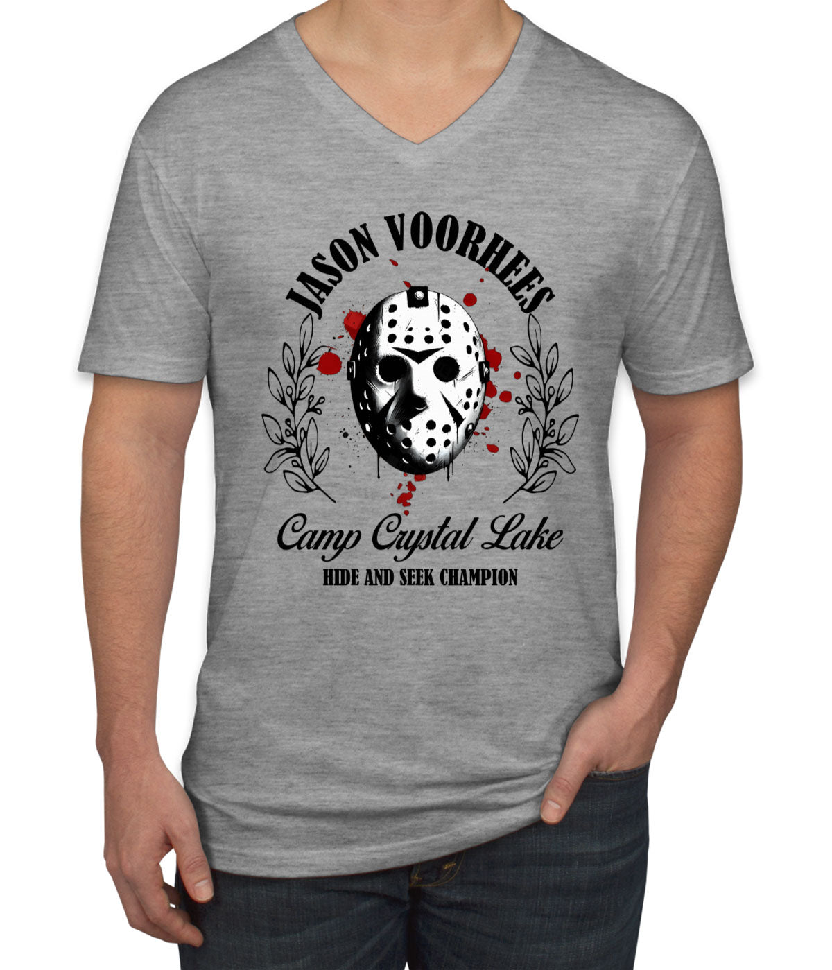 Jason Camp Crystal Lake Hide And Seek Champion Halloween Men's V Neck T-shirt