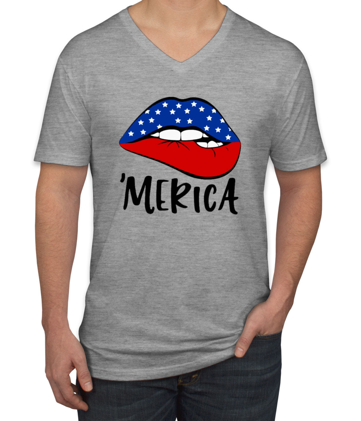 Lipstick Merica American Flag Patriotic Men's V Neck T-shirt