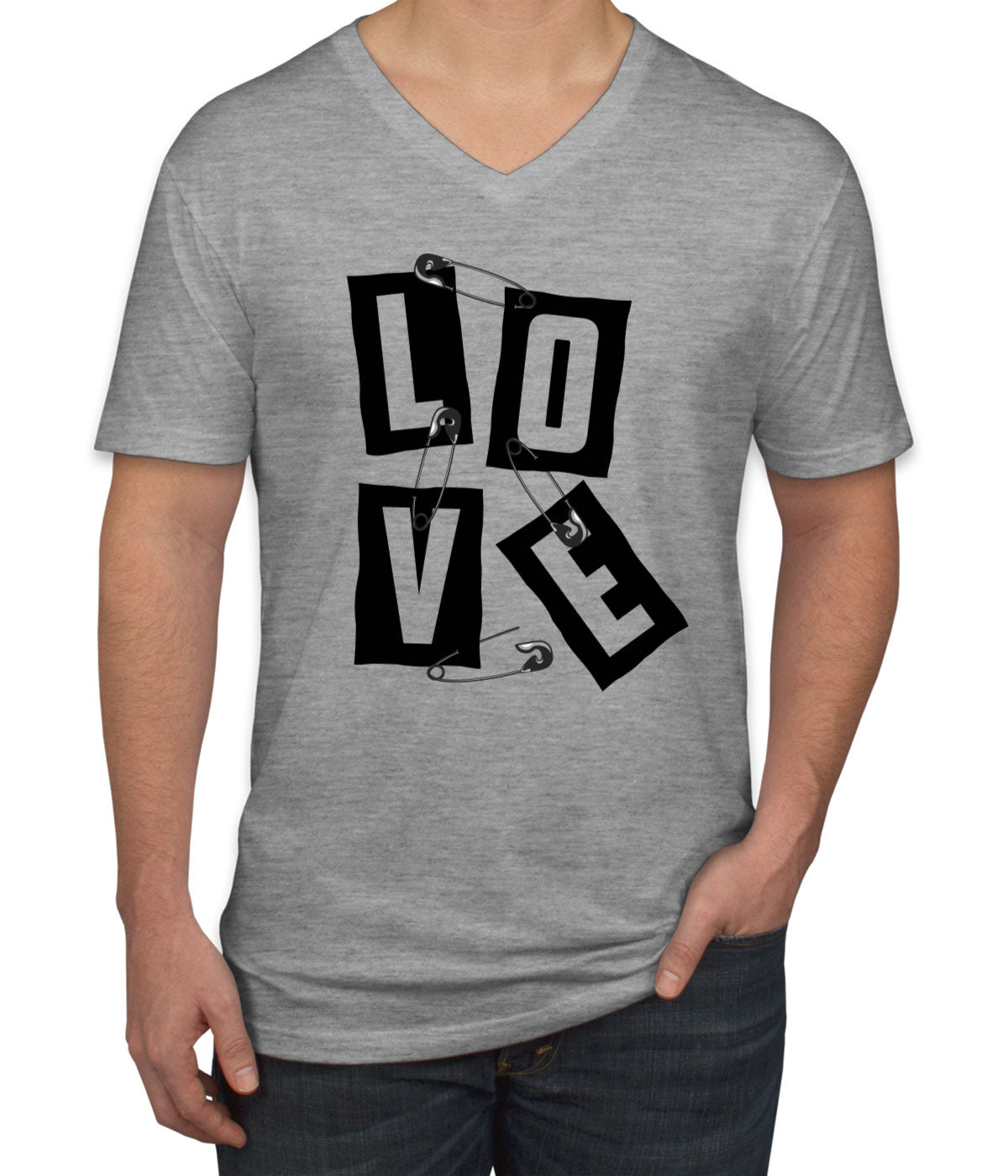 Love Slogan On Ripped Paper And Secured By Safety Pin Men's V Neck T-shirt