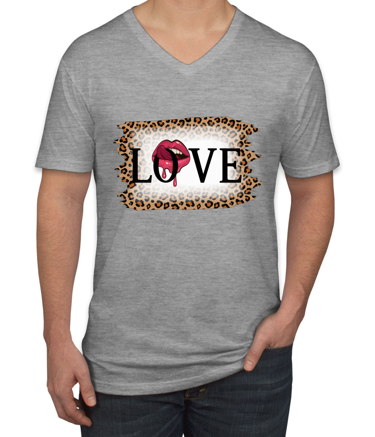 Love Tongue Lipstick Leopard Print Valentine's Day Men's V Neck T-shirt